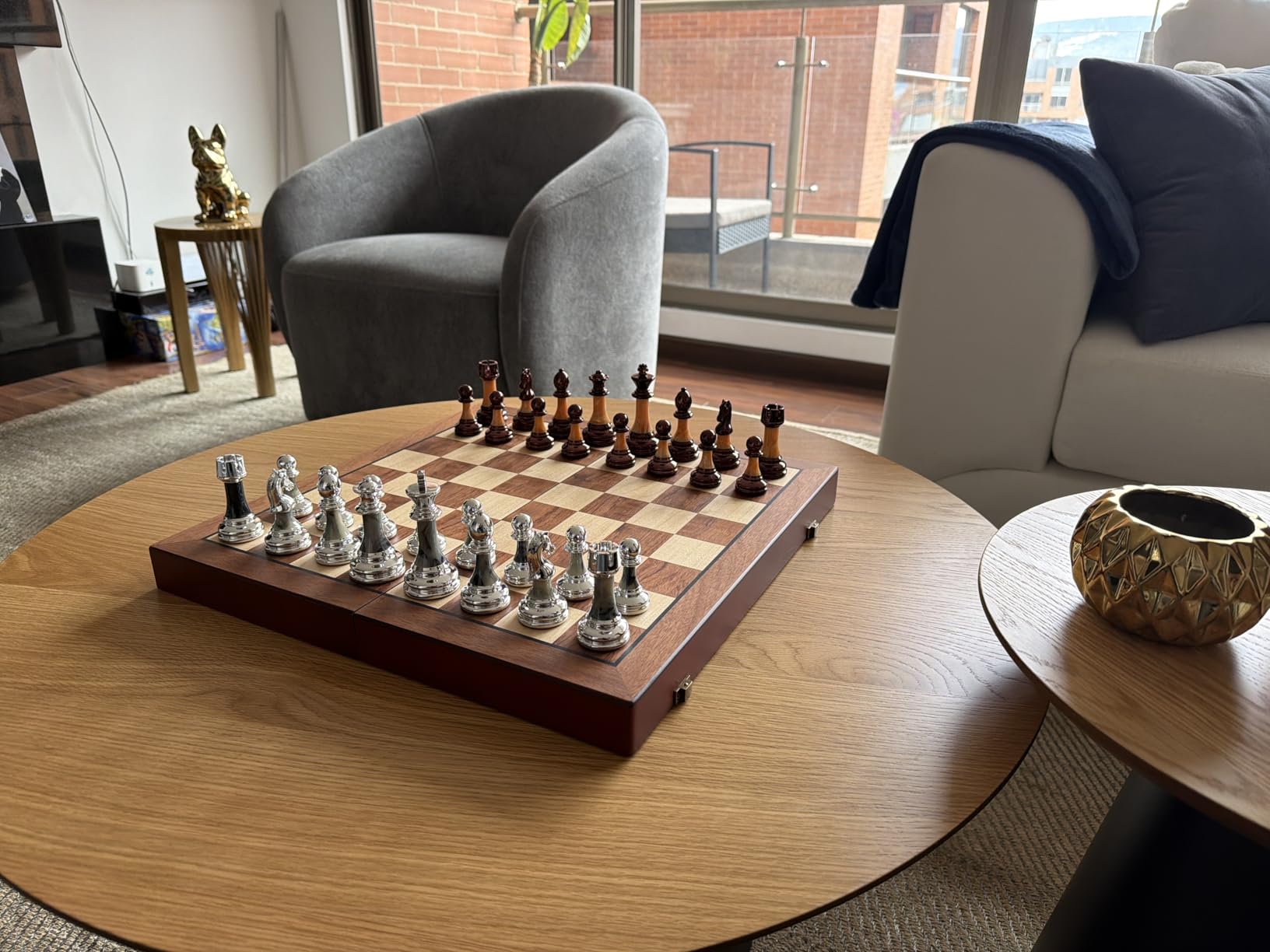 VAMSLOVE Chess Set Large 16''/42cm Folding Wooden Board with Deluxe Weighted Acrylic Chess Pieces - 3.5