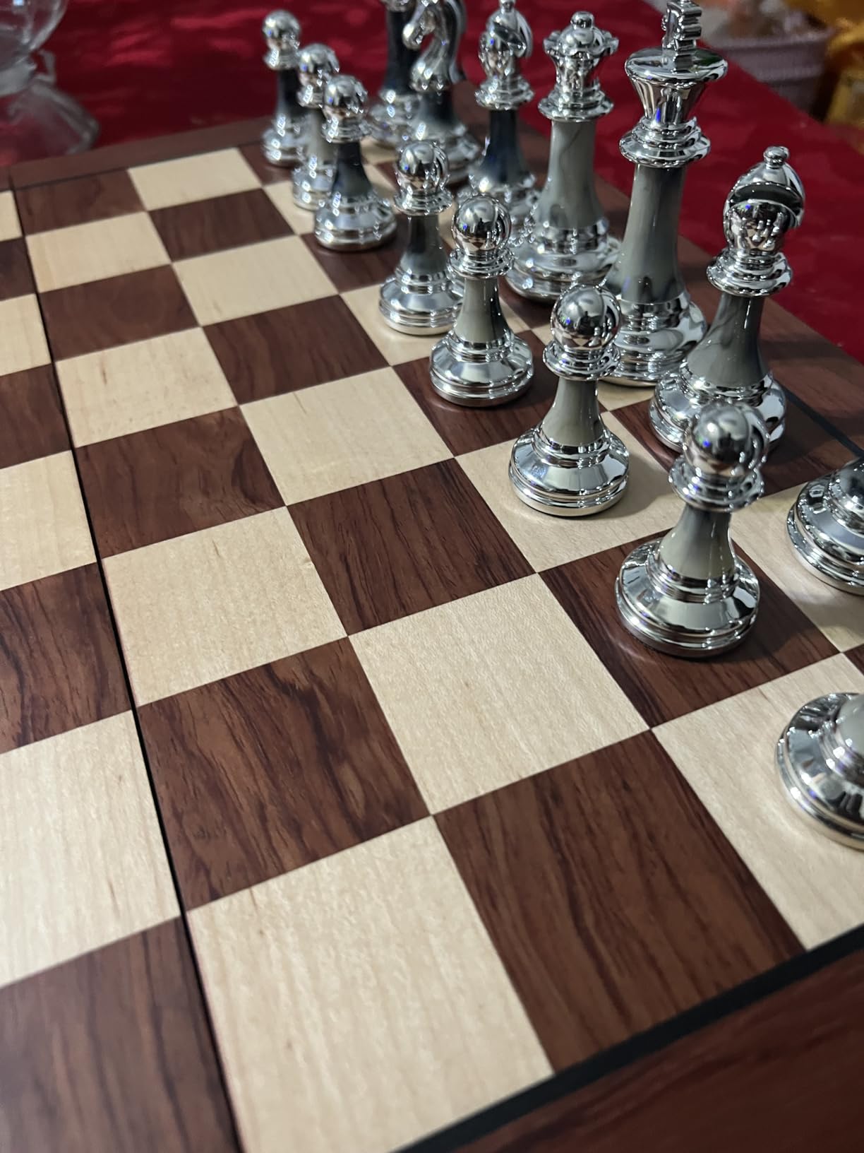 VAMSLOVE Chess Set Large 16''/42cm Folding Wooden Board with Deluxe Weighted Acrylic Chess Pieces - 3.5