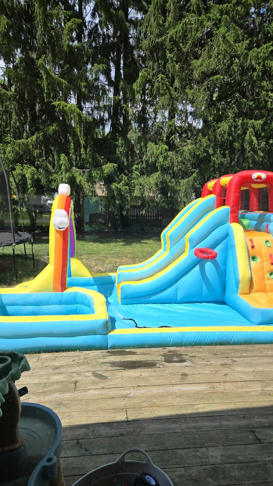 WELLFUNTIME Inflatable Water Double Slides Park with Blower, Bouncy Castle with Rainbow Water Curtain, with Shooting and Rock Climbing customer photo 1