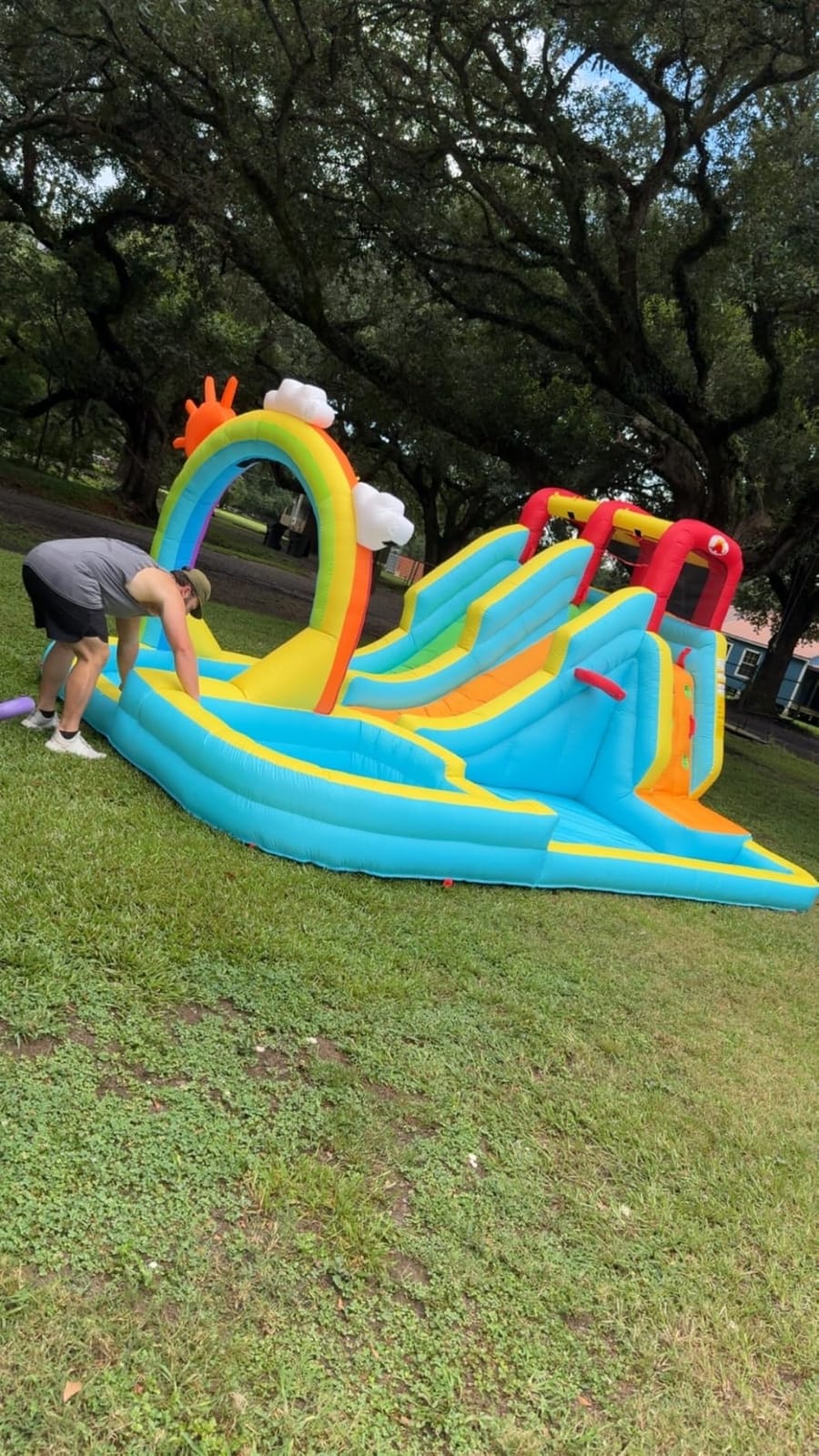 WELLFUNTIME Inflatable Water Double Slides Park with Blower, Bouncy Castle with Rainbow Water Curtain, with Shooting and Rock Climbing customer photo 2