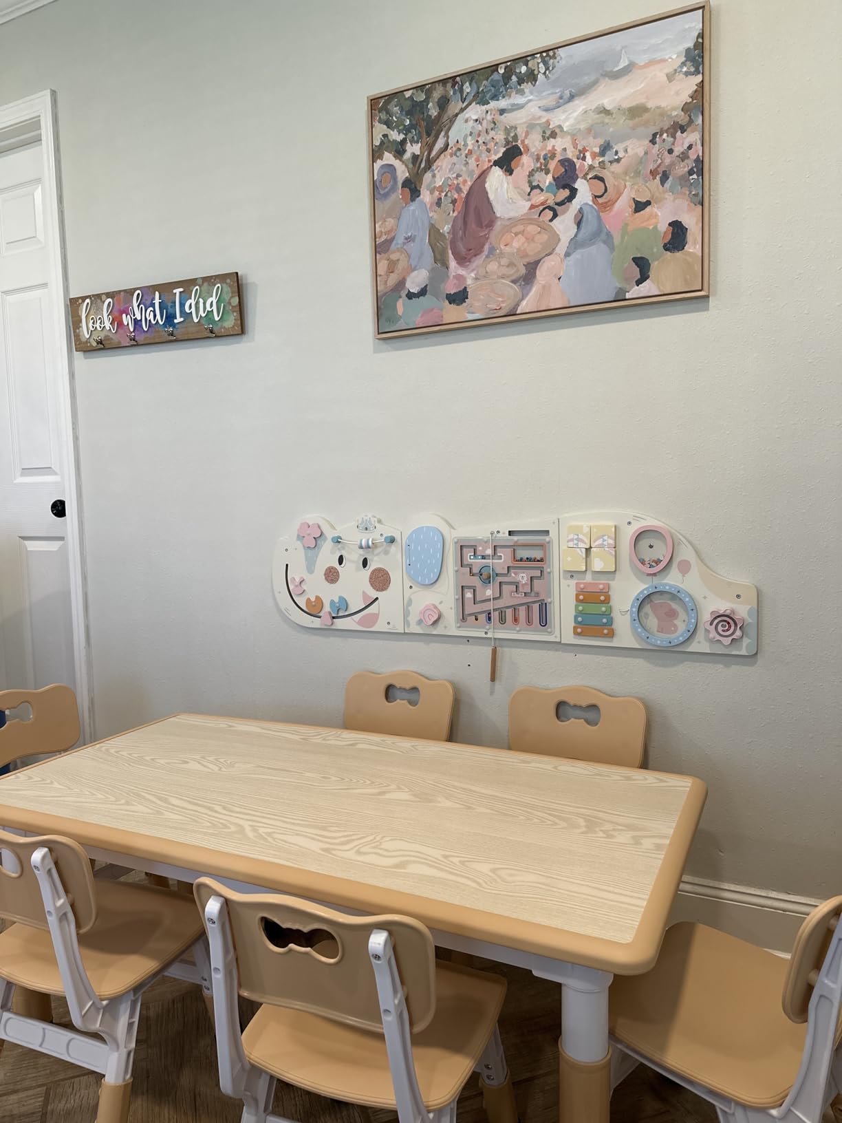 Brelley Height Adjustable Toddler Table and 6 Chairs Set, Beige | Table Supports 300 lbs, Non-Toxic HDPE, Graffiti Desktop, Classroom/Daycare/Home, Children Multi-Activity Table for Ages 3-8 customer photo 2
