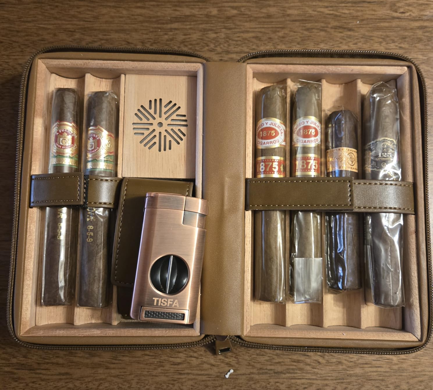 TISFA Cigar Humidor, Leather Cedar Wood Cigar Case with Cigar Lighter, V Cut Cigar Cutter, Cigar Holder 3 in 1, Portable Travel Cigar Humidor Box with Humidifier (Brown) customer photo 1