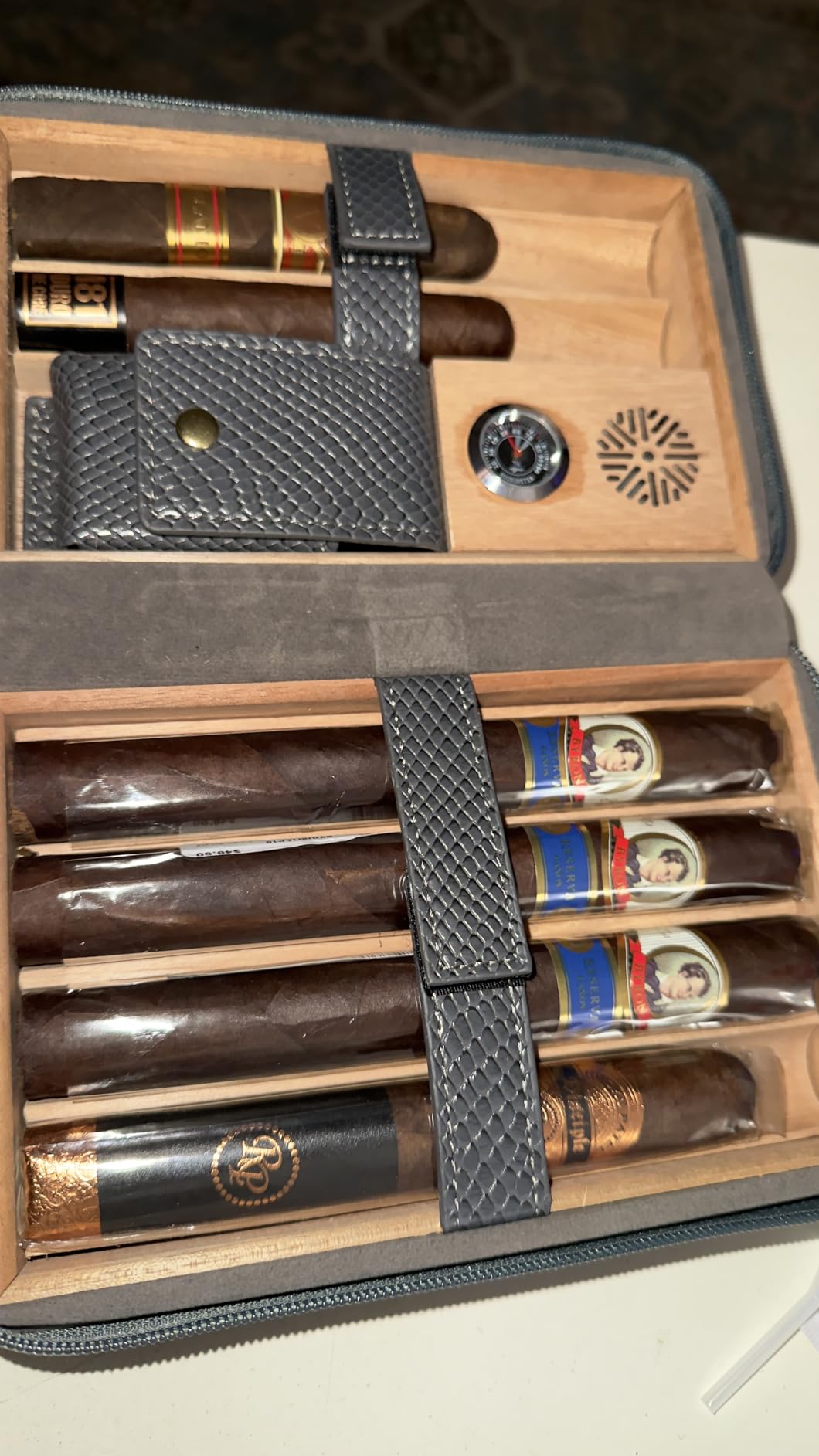 TISFA Cigar Humidor, Leather Cedar Wood Cigar Case with Cigar Lighter, V Cut Cigar Cutter, Cigar Holder 3 in 1, Portable Travel Cigar Humidor Box with Humidifier (Brown) customer photo 2