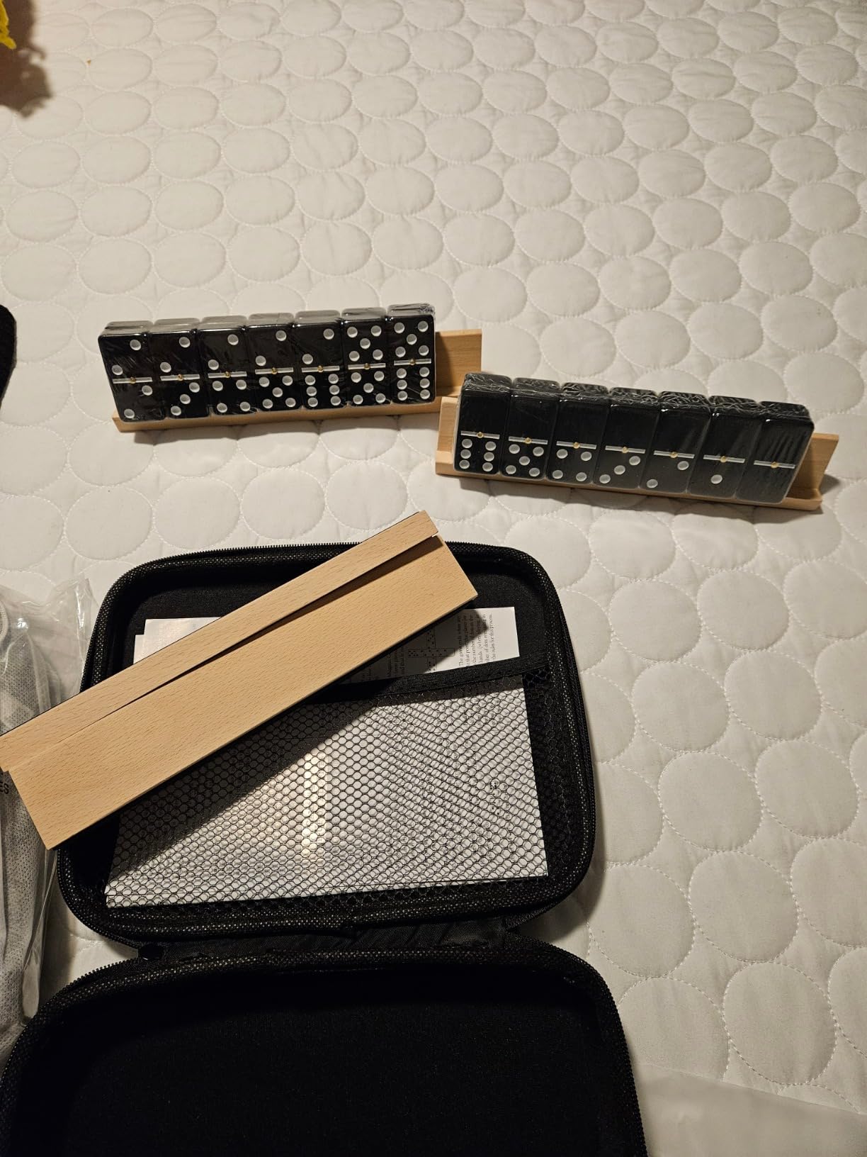 Dominoes Set Adults with 4 Wooden Racks/Trays Double Six Dominoes Travel Set with Portable Case Double 6 Dominoes Set with 4 Tiles Holders 28 Tiles Dominos Set Family Classic Board Games White customer photo 2
