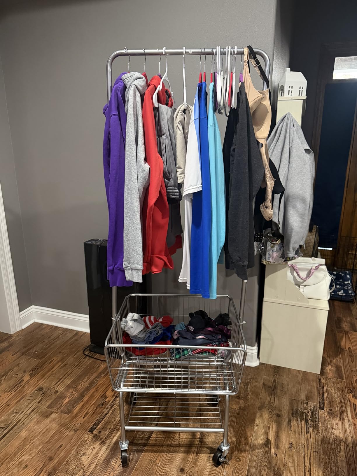 Tajsoon Laundry Cart with Hanging Rack, Metal Laundry Basket with Wheels, Laundry Hamper with Storage Basket and Shelf, Rolling Laundry Cart with Wheels, Black customer photo 2