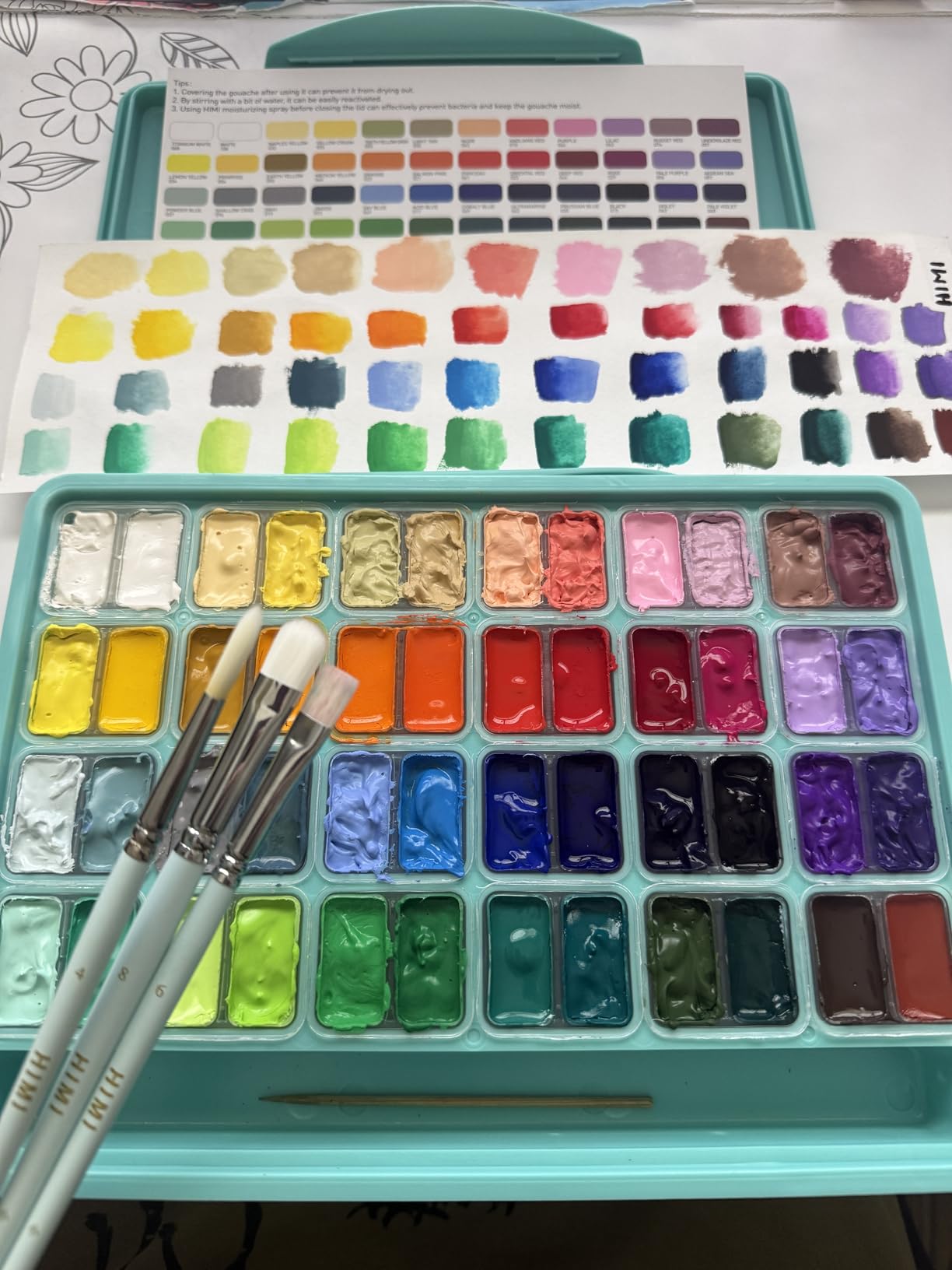 HIMI Gouache Paint Set, 48 Colors x 0.4 oz, Twin Jelly Cup, 3 Brushes | Non-toxic, 3 brushes and palette, opaque matte finish, smooth blending, portable case, for students and beginners customer photo 2