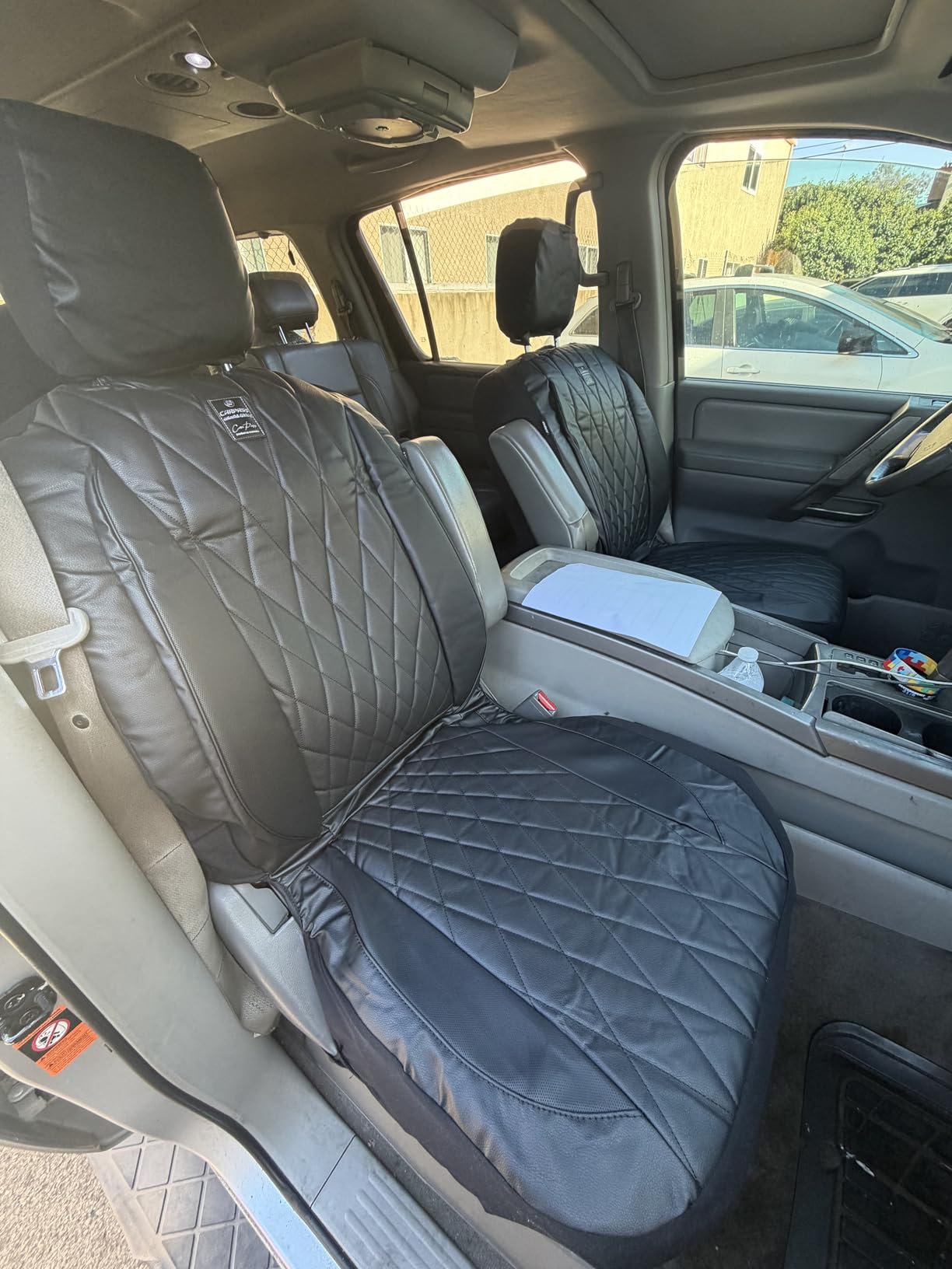CAR PASS Piping Luxury Faux PU Leather Two Front Car Seat Covers, Waterproof Anti Slip Seat Covers Compatible with Front Seat Armrests, Universal Fit for SUVs, Vans, Trucks, Airbag Compatible (All Black) customer photo 2