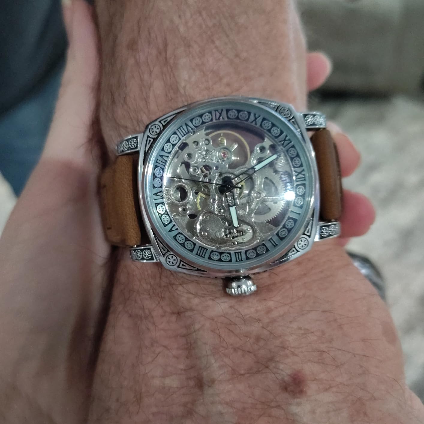 Watches for Man, Square Retro Mechanical Watch Self-Wind Carved, Skeleton Automatic Watches Vintage Leather Strap Wristwatch customer photo 1