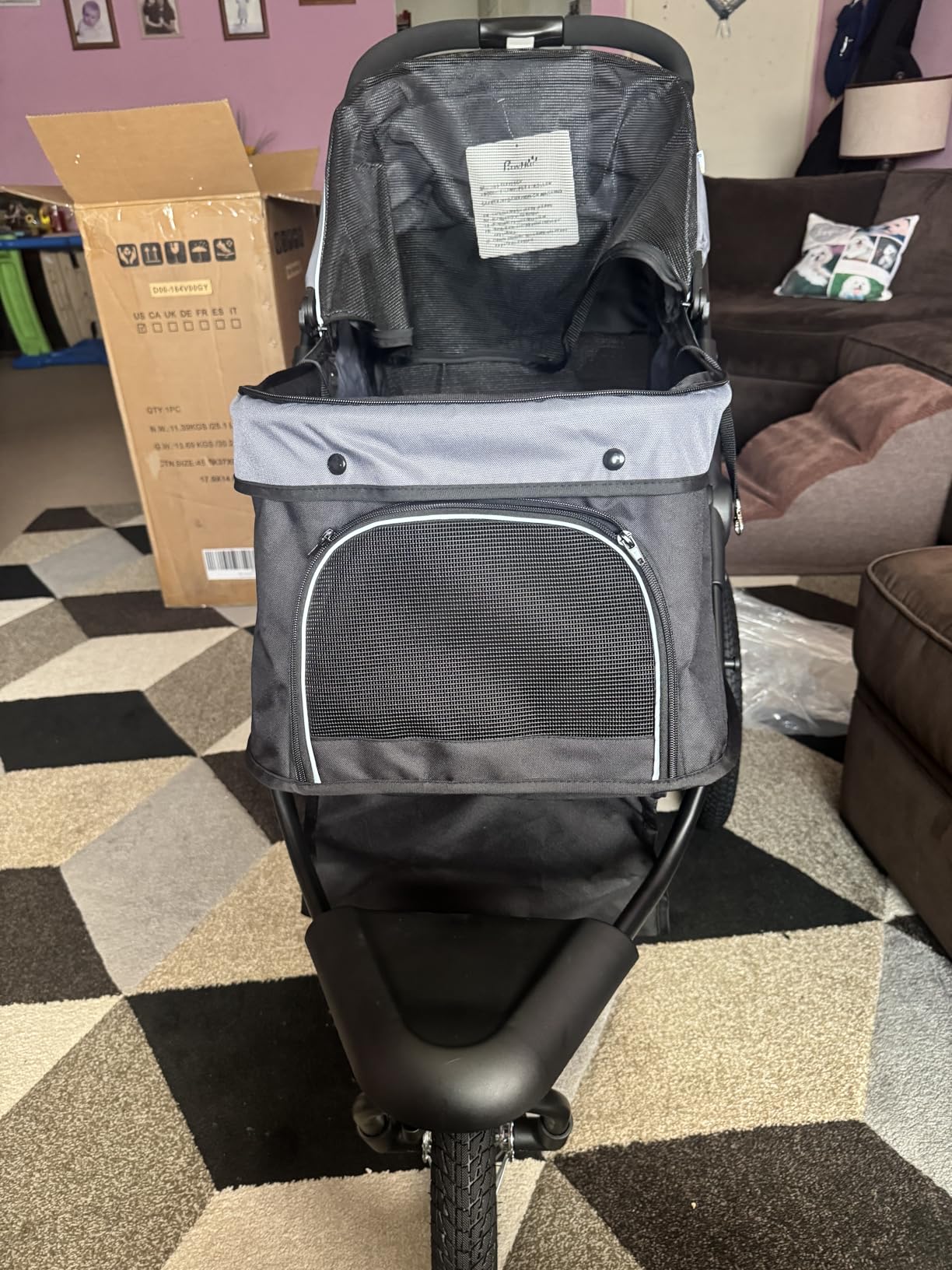 PawHut 3 Wheels Pet Stroller, Foldable Dog Stroller with Adjustable Canopy, Safety Tether, Cushion, Storage Basket, Portable Jogger for Small and Medium Dogs and Cats, Gray customer photo 2