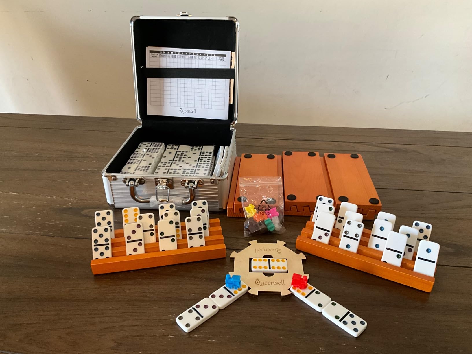 Queensell Mexican Train Dominoes Set Double 15 with 8 Holders - Wooden Hub and Tiles Holders - Double 15 with Dots (D15 + 8 Holders) customer photo 2