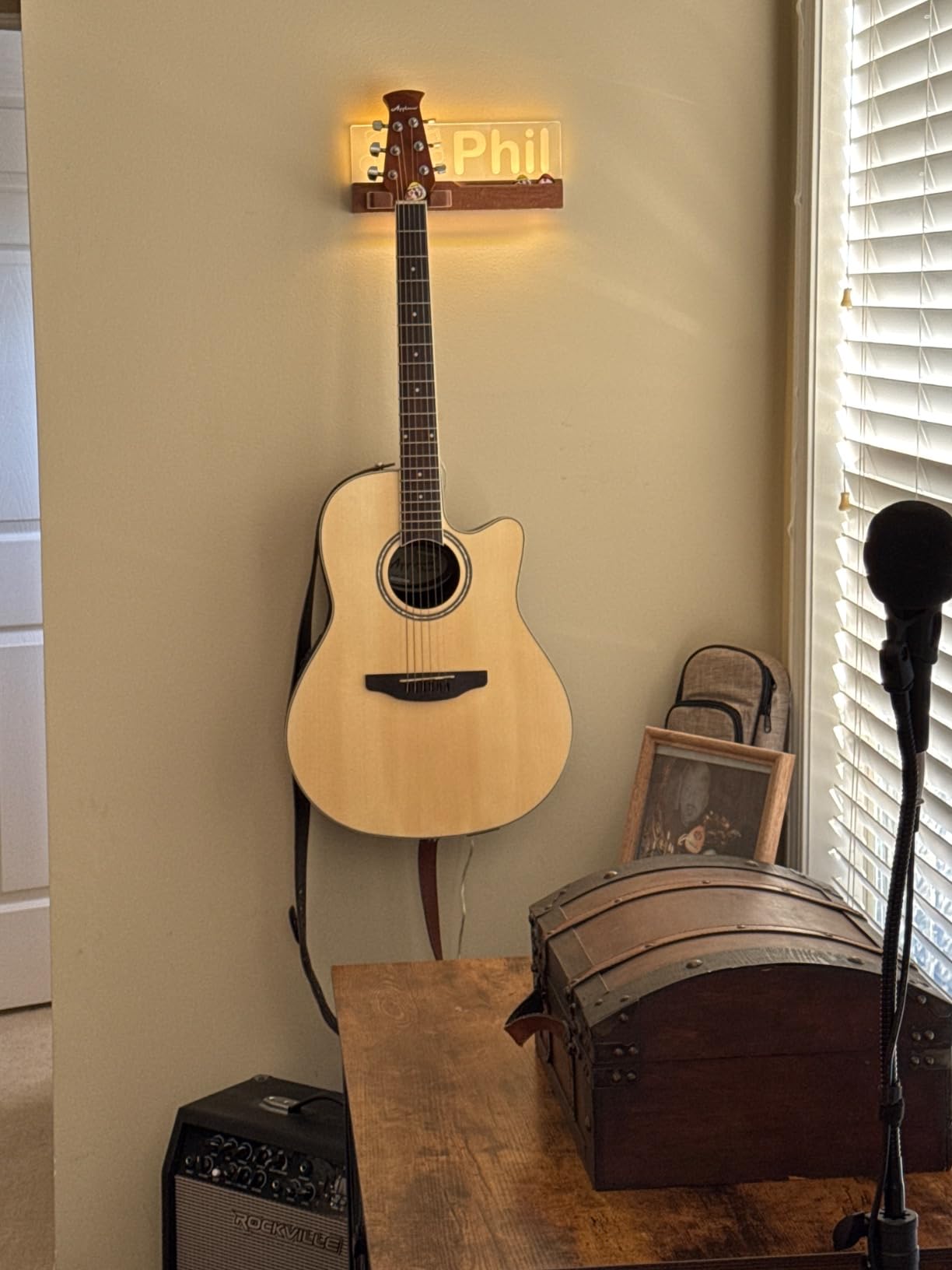 CoolGift Mart LED Guitar Wall Mount Stand with Picks Holder - Solid Wood & Acrylic USB-Powered Guitar Accessories as Decor - Gift for Men, Guitar Players, Music Lovers (for Acoustic, Electric Bass, Ukulele) customer photo 2