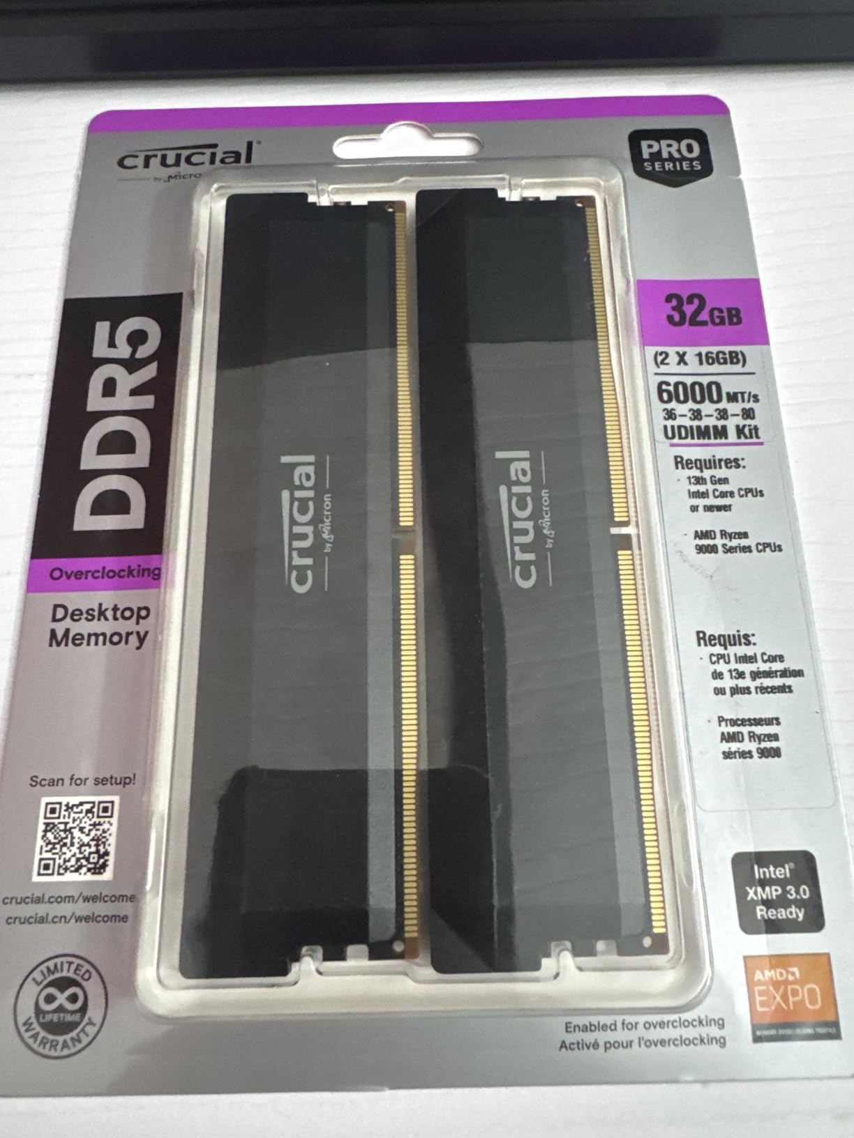 Crucial Pro 32GB DDR5 RAM Kit (2x16GB), CL36 6000MHz, Overclocking Desktop Gaming Memory, Intel XMP 3.0 & AMD Expo Compatible, Black customer photo 1
