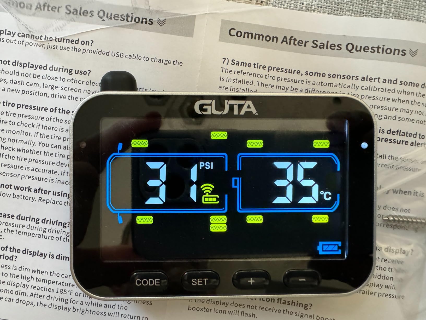 GUTA GT20 Trailer Tire Pressure Monitoring System, TPMS with 10 Sensors | Large Color Display, 0-188 PSI, 6 Alert Modes, Long-Range Signal for RVs, Trailers & Semi-Trucks, Monitor Up to 24 Tires customer photo 2