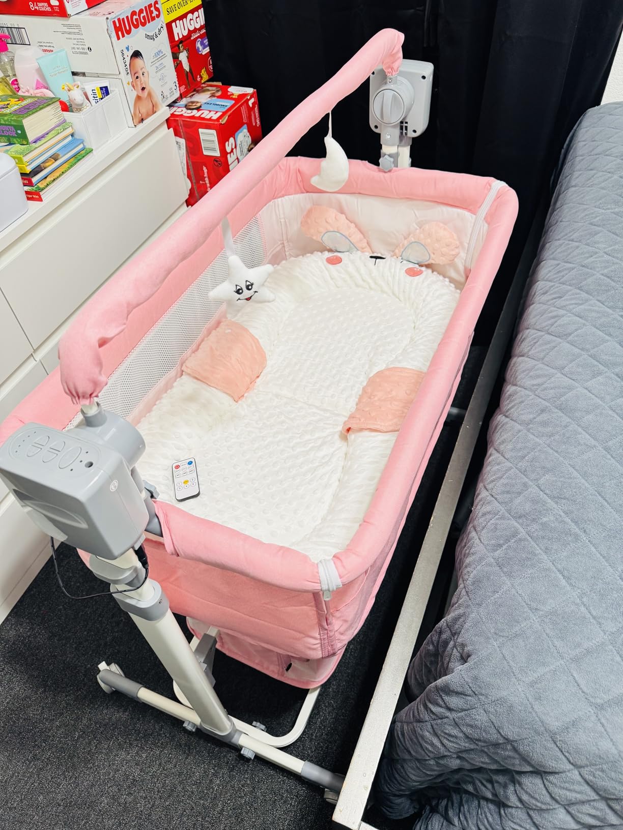 Electric Bluetooth Smart Baby Bedside Crib, Bassinet for Co-Sleeping, Infant Bedside Sleeper Cot, Convertible Foldable Baby Crib with Remote Control, Music and 5 Swaying Gears (601 Grey) customer photo 1