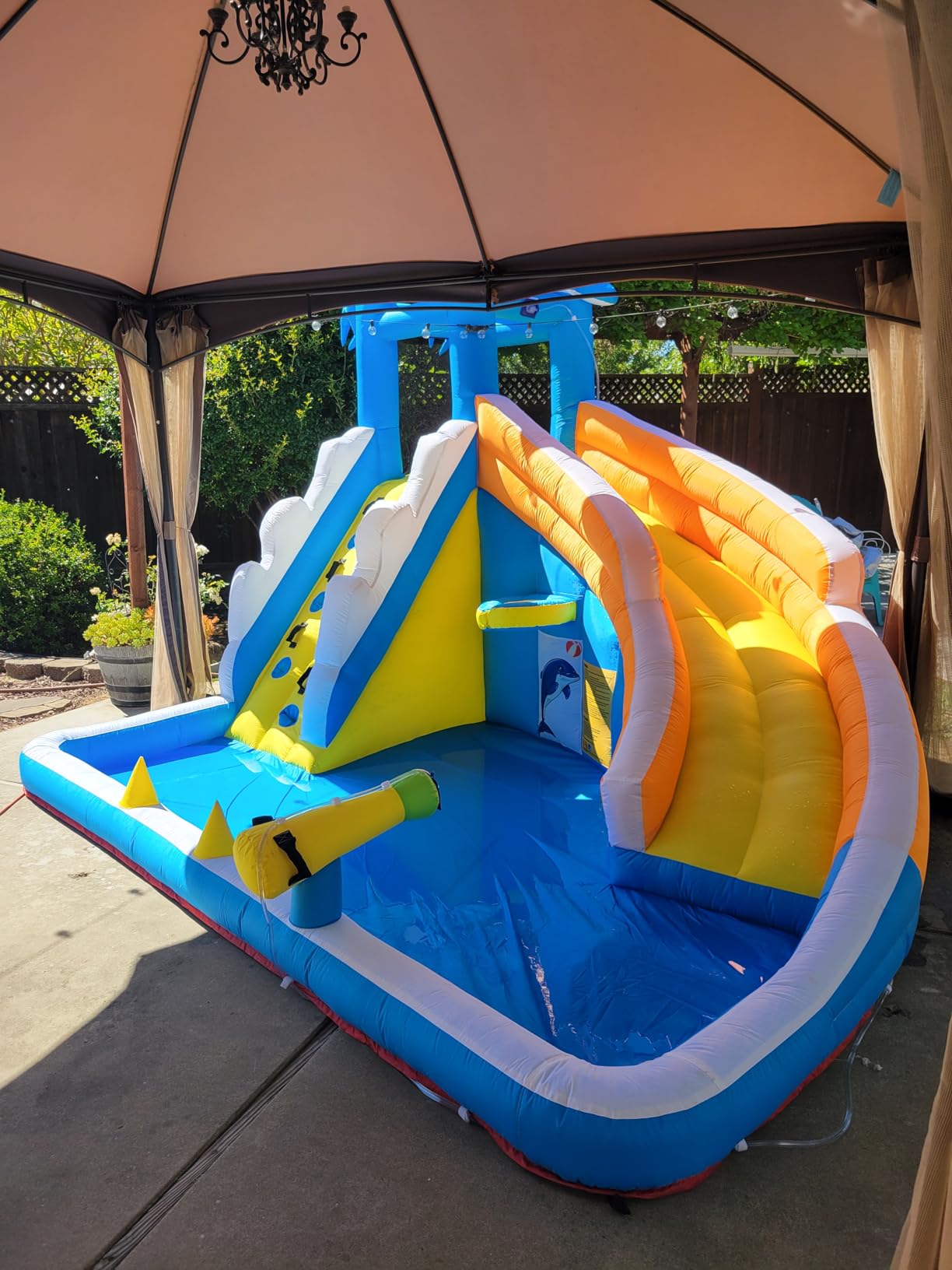 TOAOB Inflatable Water Slide, 5 in 1 Dolphin Inflatable Bounce House for Kids - Climbing Wall Splash Pool Water Cannon Basketball Rim - 480W Blower - for Indoor Outdoor Backyard Birthday Party customer photo 2