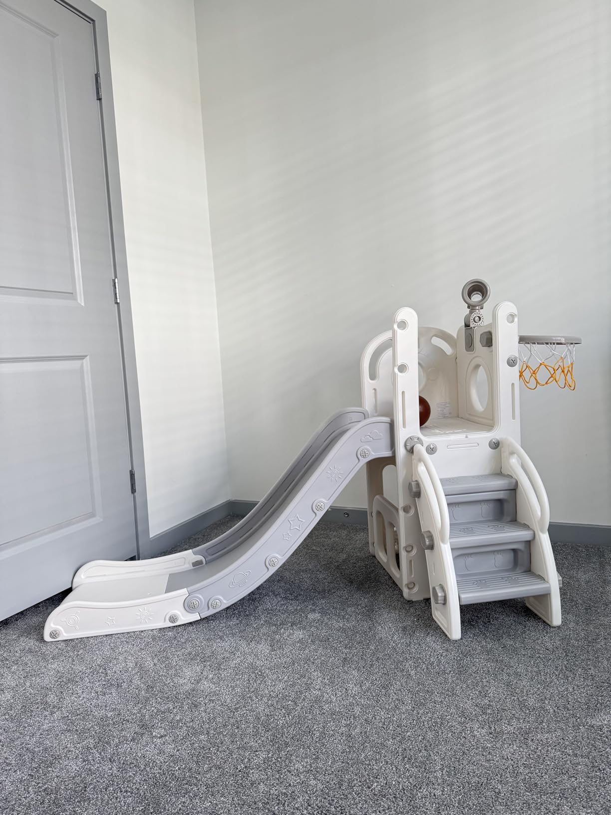 Babytronic 6-in-1 Toddler Slide for Kids 1-3, Baby Indoor Climber Playset | Kids Slide with Basketball Hoop & Telescope, L-Shaped Toddler Outdoor Playground Support 110 lbs Easy Assembly, White & Gray customer photo 1