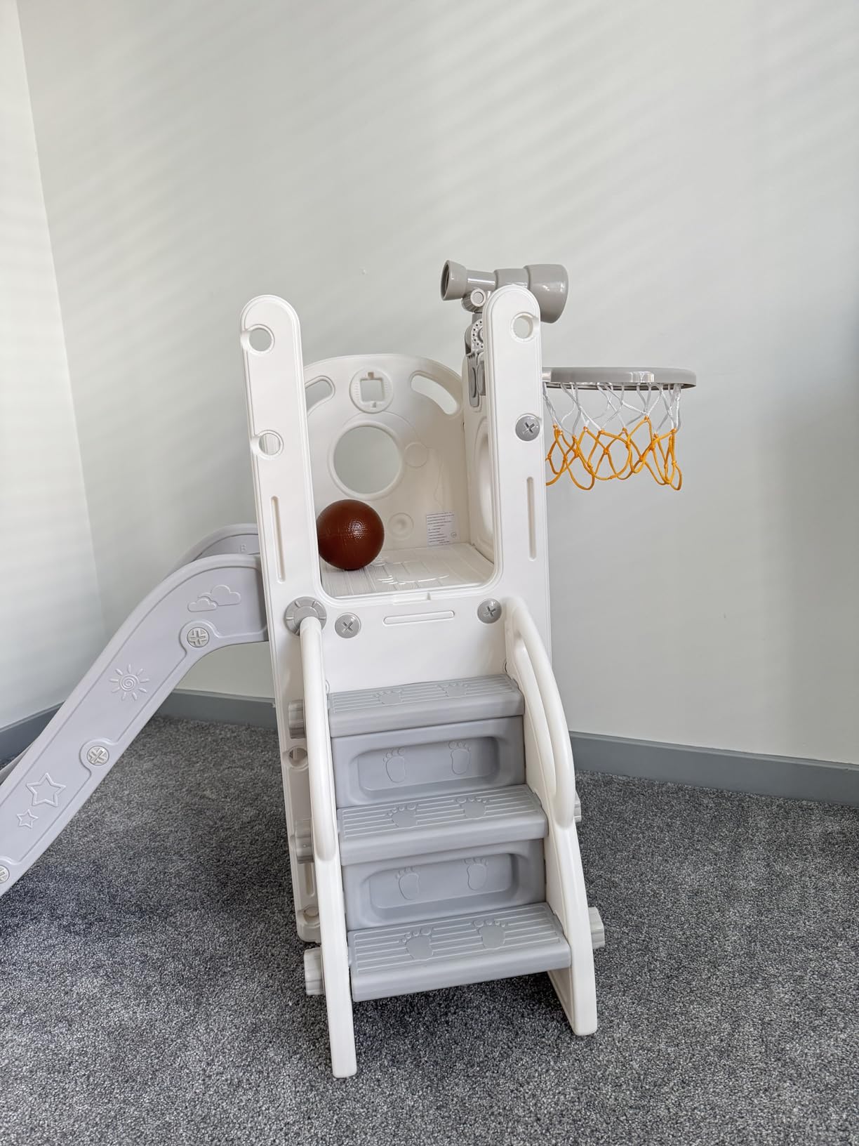 Babytronic 6-in-1 Toddler Slide for Kids 1-3, Baby Indoor Climber Playset | Kids Slide with Basketball Hoop & Telescope, L-Shaped Toddler Outdoor Playground Support 110 lbs Easy Assembly, White & Gray customer photo 2