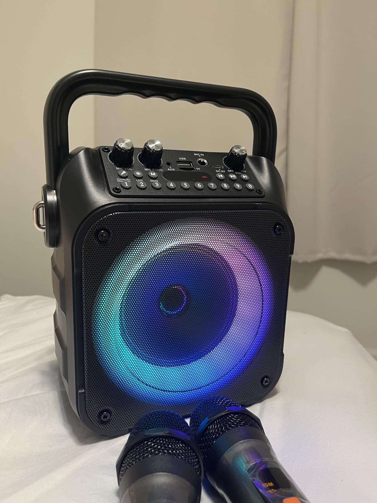 CYY Karaoke Machine, Portable Bluetooth Speaker with 2 Wireless Microphones | Immersive Sound, 5 Light Modes, PA System, TWS USB TF AUX FM, for Adults and Kids, Home Party, Outdoor, Home System Packages customer photo 2