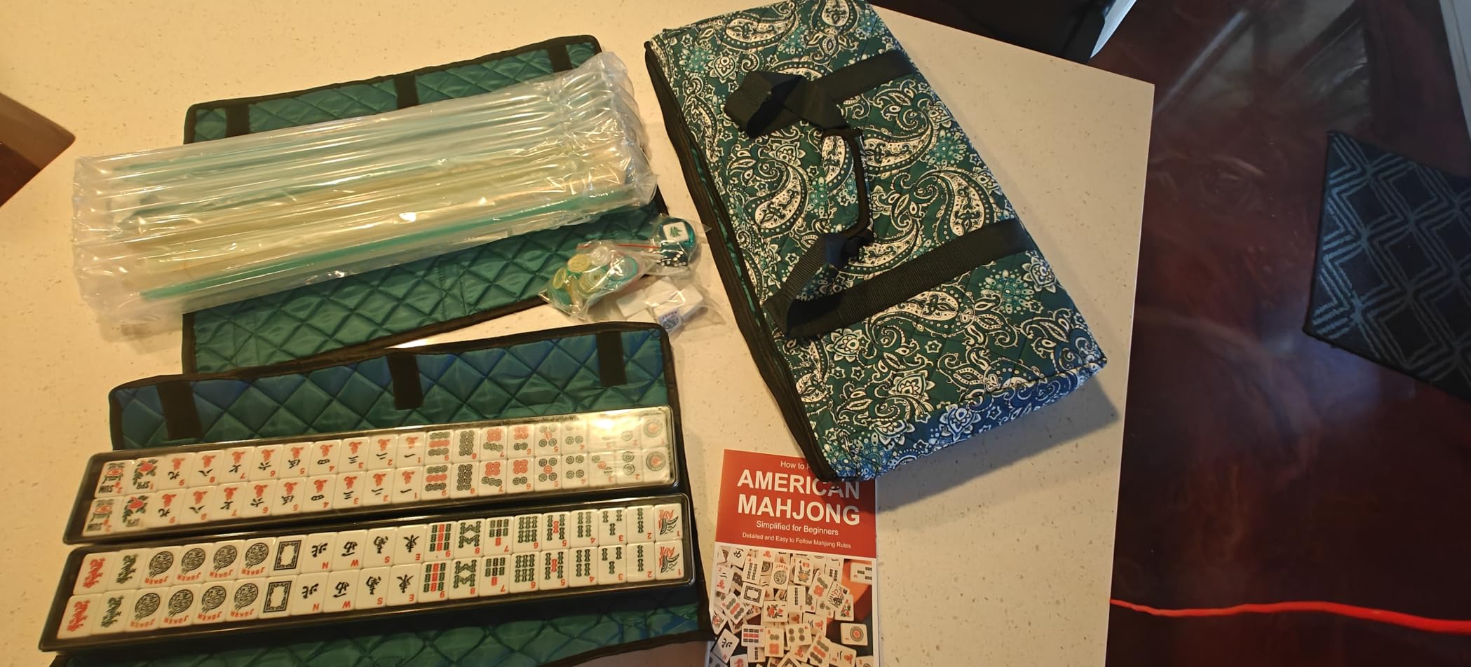 American Mahjong Game Set, 166 Quality White Tiles, 4 All-in-One Color Rack/Pushers, Mahjong Tile Set with Blue Printed Carrying Bag customer photo 1