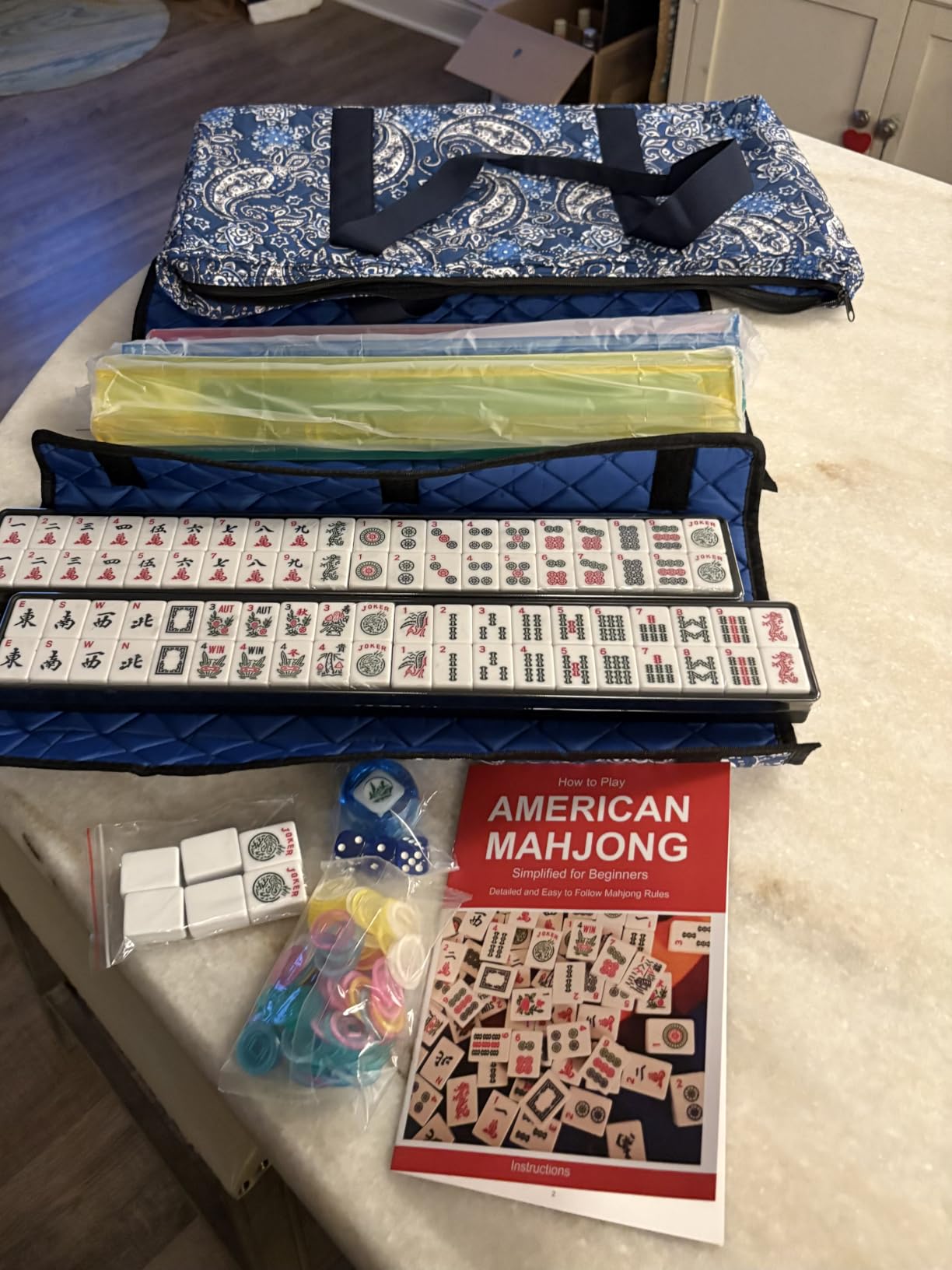 American Mahjong Game Set, 166 Quality White Tiles, 4 All-in-One Color Rack/Pushers, Mahjong Tile Set with Blue Printed Carrying Bag customer photo 2