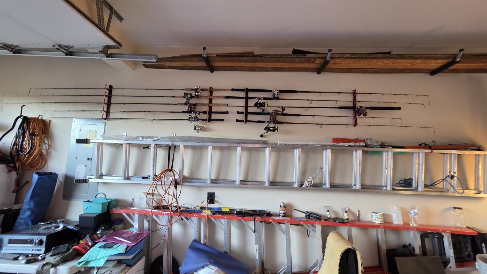 Gocozer Fishing Rod Holder for Garage, H5 Wall or Ceiling Mounted Fishing Pole Holders with Soft Protective Pad, Fishing Rod Storage Organizer, Horizontal Fishing Rod Wall Mount Nets Storage (4 PACK) customer photo 1