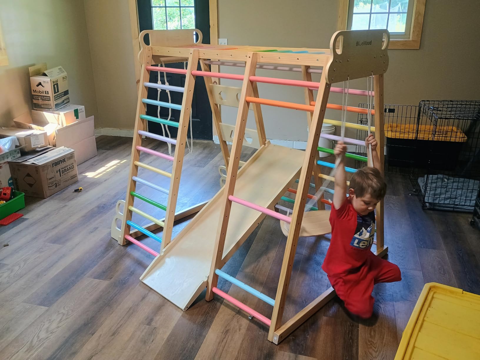 Upgraded Indoor Jungle Gym 9-in-1 Playground Kids Climbing Toys | Waldorf Style Wooden Climber Playset with Slide, Swing, Monkey Bars, Upright/Rope Ladder, Climb Net, Rainbow customer photo 1