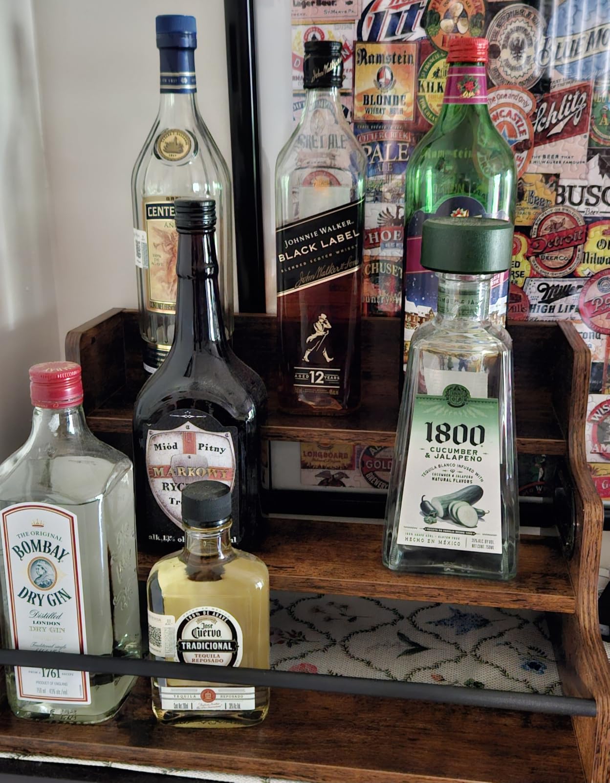 KLM Liquor Bottle Display Shelf, Coffee Syrup Rack Organizer, 3 Step Countertop Liquor Wine Rack, mini bar, liquor cabinet, Home Retro Bar Shelf Stand for Liquor Whiskey, Spirits customer photo 2