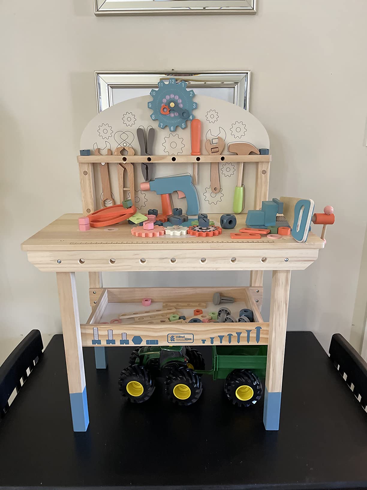 Kids Tool Set, Wooden Tools Bench with Apron Toddler Toy Workbench with Realistic Tools Electric Drill STEM Construction Toy Gifts for Age 3-9 Boys Girls customer photo 2