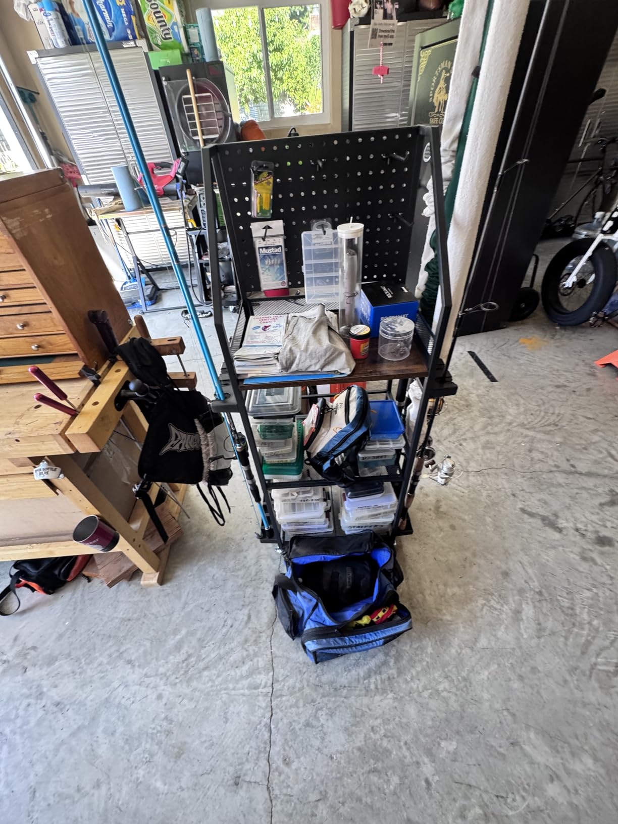 SOYEEZE Fishing Rod Holders for Garage, Fishing Pole Holders Up to 12 Rods with Pegboard and Hooks, Rolling Fishing Cart with Wheels customer photo 1