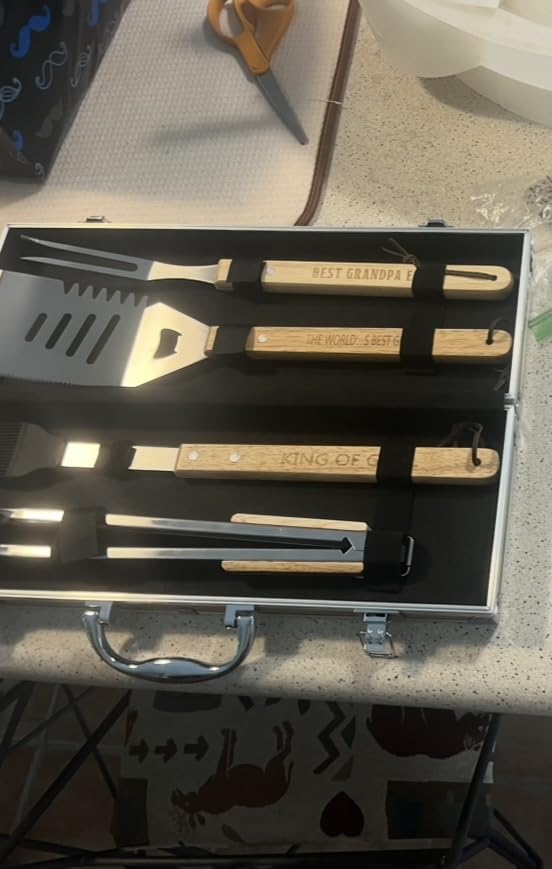 Grandpa Gifts from Grandkids Fathers Day, Grandpa Gift Heavy Duty Wooden BBQ Grilling Accessories Kit for Backyard, Thick Stainless Steel Grill Utensils with Non-Slip Handle Tools in Portable Bag customer photo 2