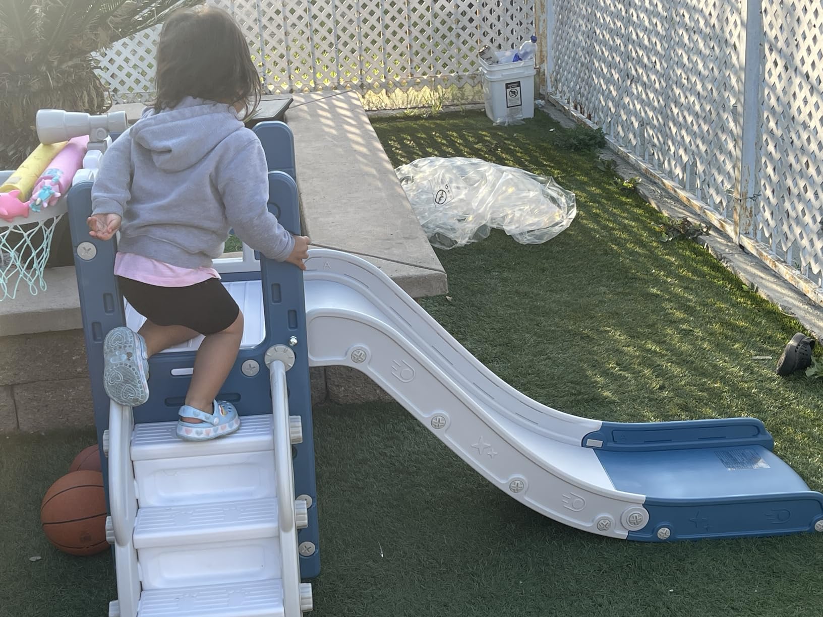 LulliSpace 6 in 1 Toddler Slide,Kids Climber Slider for Indoor Outdoor Playground with Basketball Hoop,Storage and Telescope,L Shaped Slide for Toddler Climber Playset customer photo 1