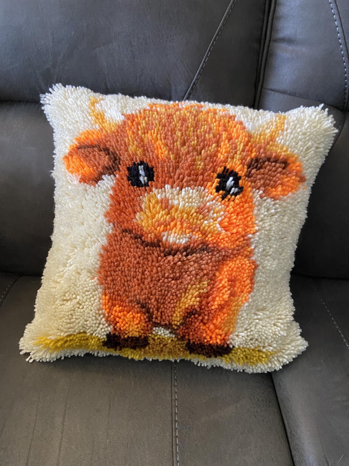 Latch Hook Pillow Kits for Adults Cute Baby Highland Cow DIY Pillow Cover Printed Pillowcase Crochet Hooking Yarns Handmade Cushion for Home Sofa Decoration 17x17inch(8) customer photo 1
