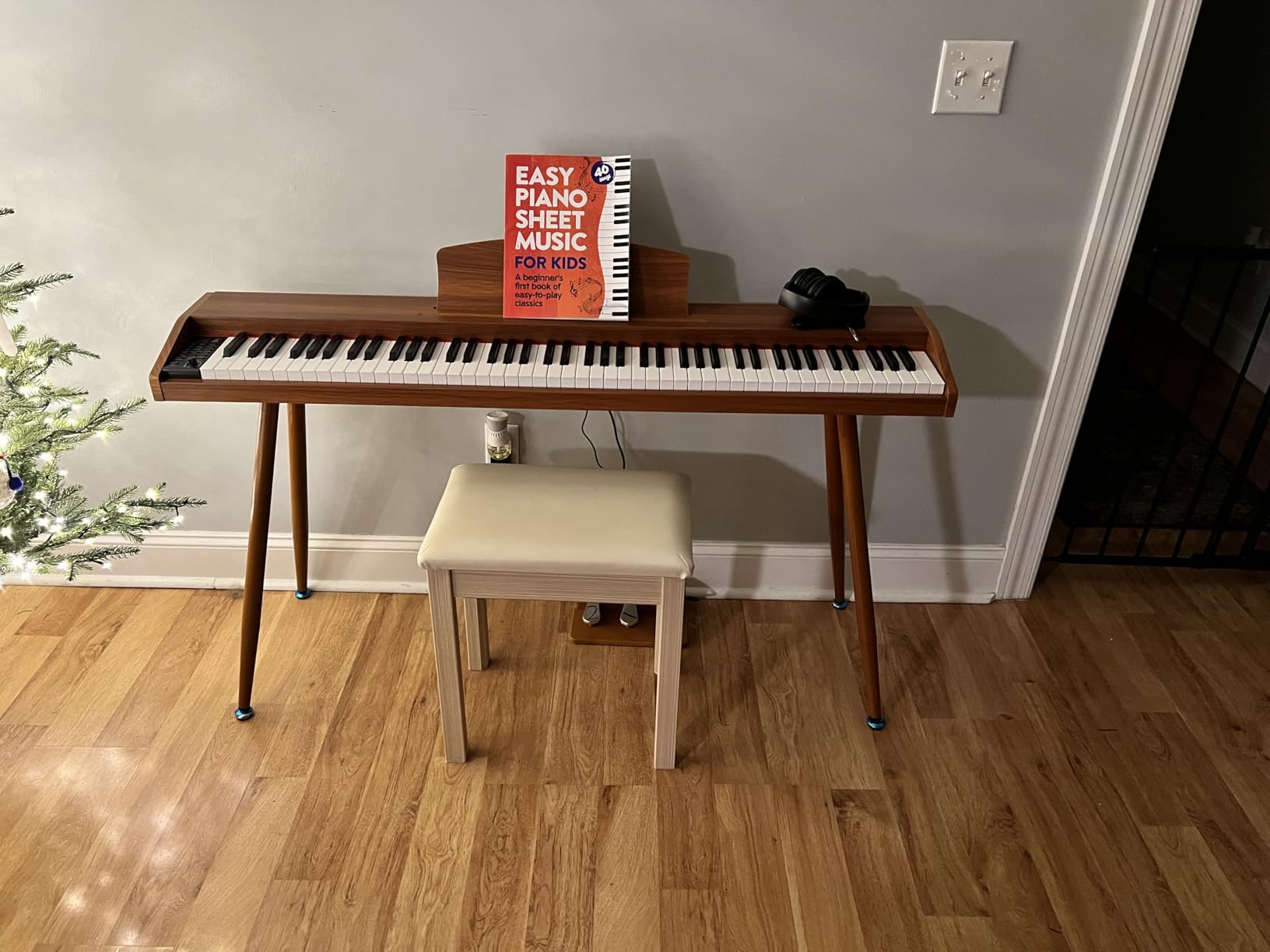 Sanpuli Solid Wood Piano Bench with Storage, Piano Stool and Padded Cushion, Keyboard Bench with Bookcase, Piano Chair and Piano Seat with High-Density Sponges. customer photo 1