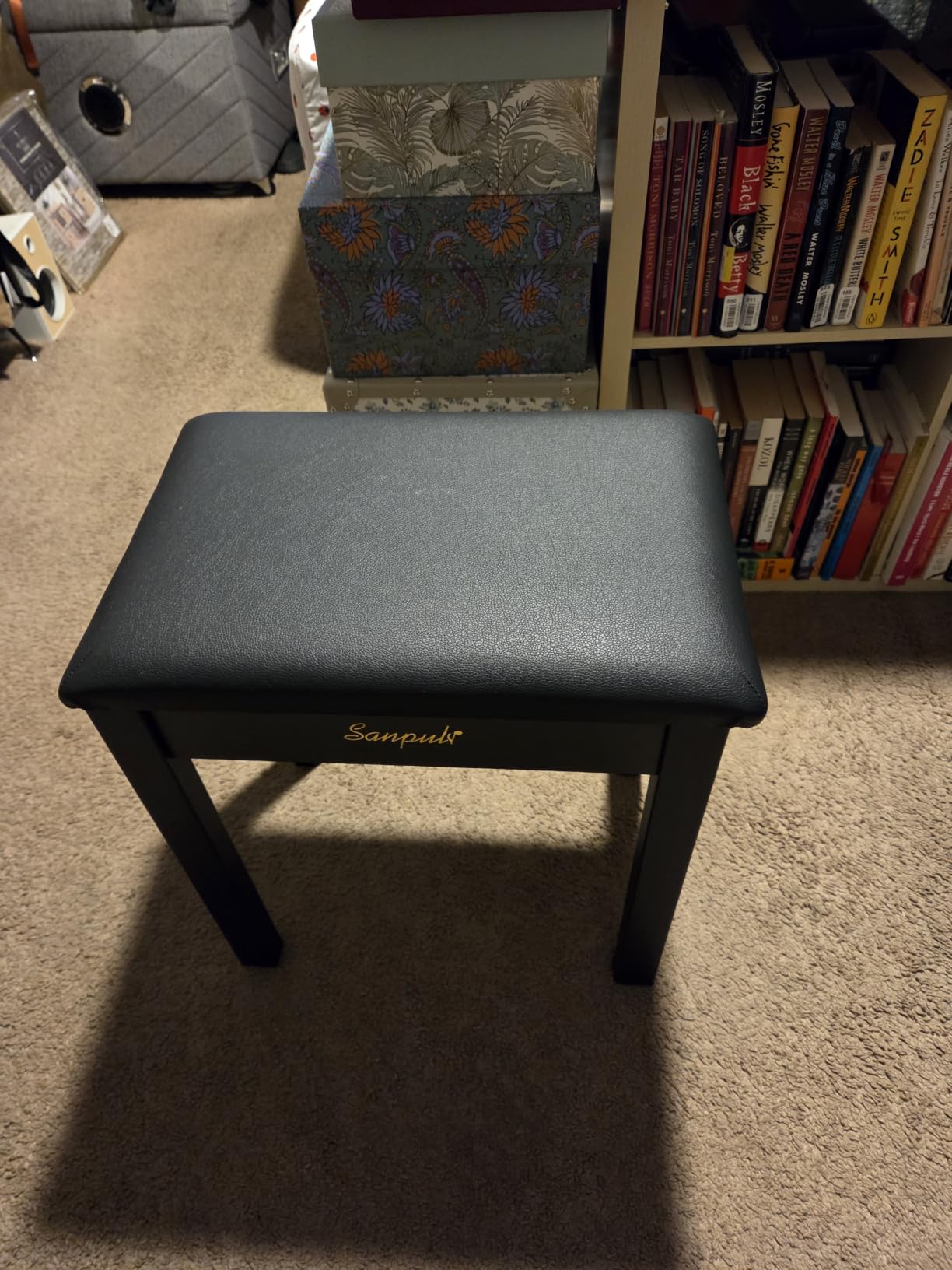 Sanpuli Solid Wood Piano Bench with Storage, Piano Stool and Padded Cushion, Keyboard Bench with Bookcase, Piano Chair and Piano Seat with High-Density Sponges. customer photo 2