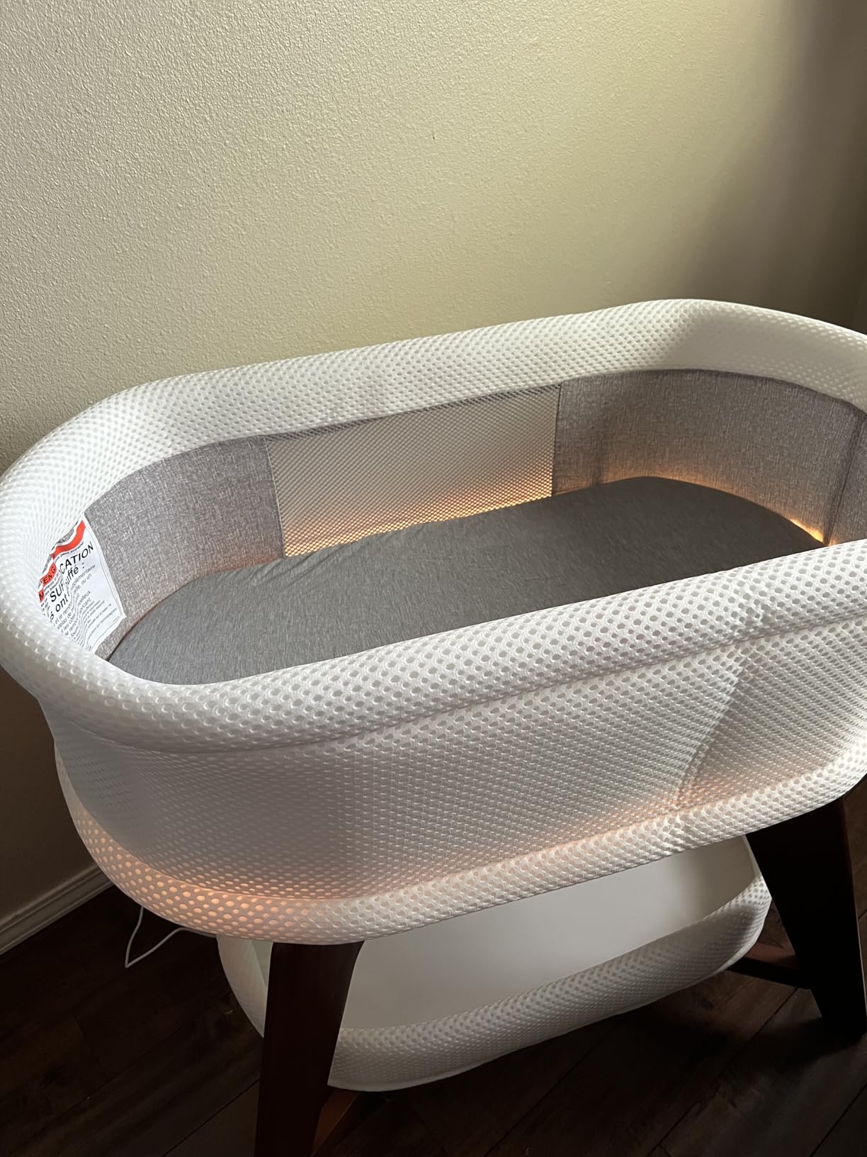 TruBliss Evi Smart Baby Bassinet Beside Sleeper with Auto-Glide, Ambient Nightlight & Sensory Sounds, Compatible with Alexa and Google Home, Includes 2 Sheets (White w/Mint Green Legs) customer photo 1