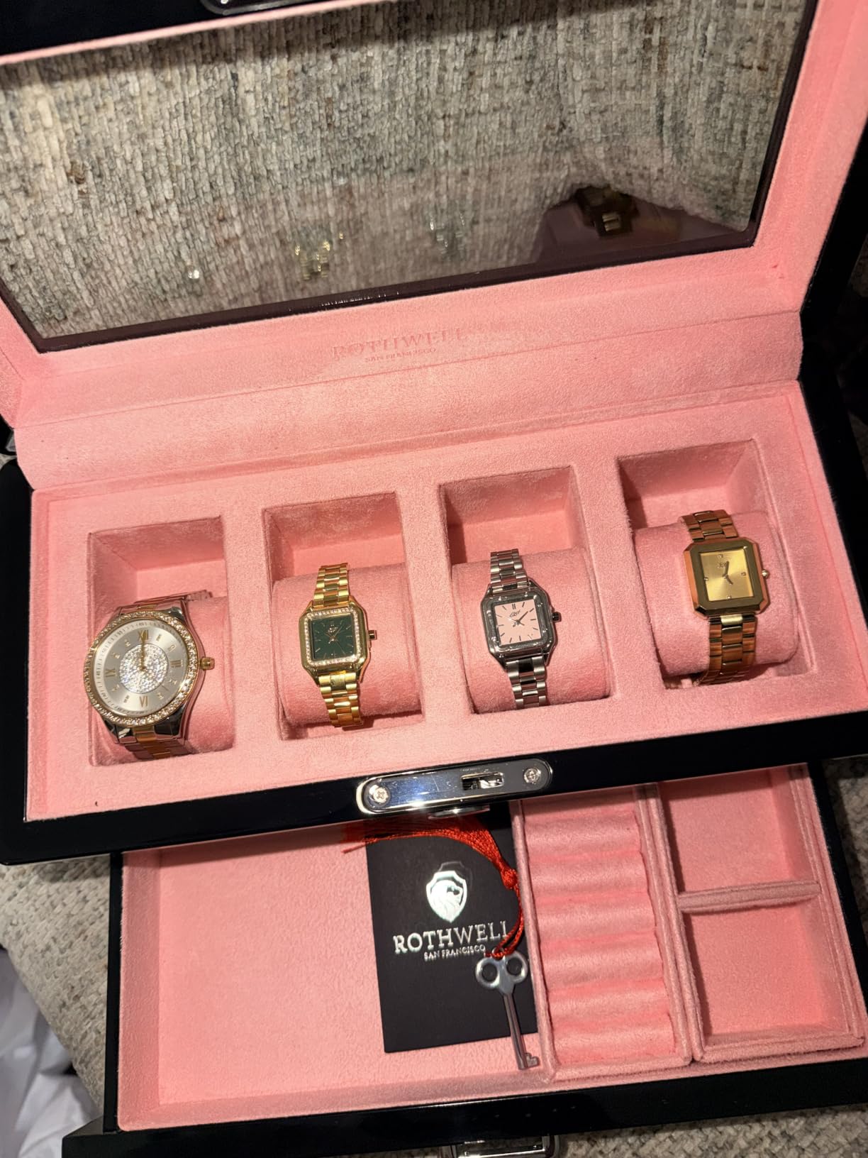 ROTHWELL 4 Slot Leather Watch Box with Valet Drawer - Luxury Case Display Jewelry Organizer, Locking Display Case Holder with Real Glass Top - Watch Box Organizer for Men & Women (Tan) customer photo 1