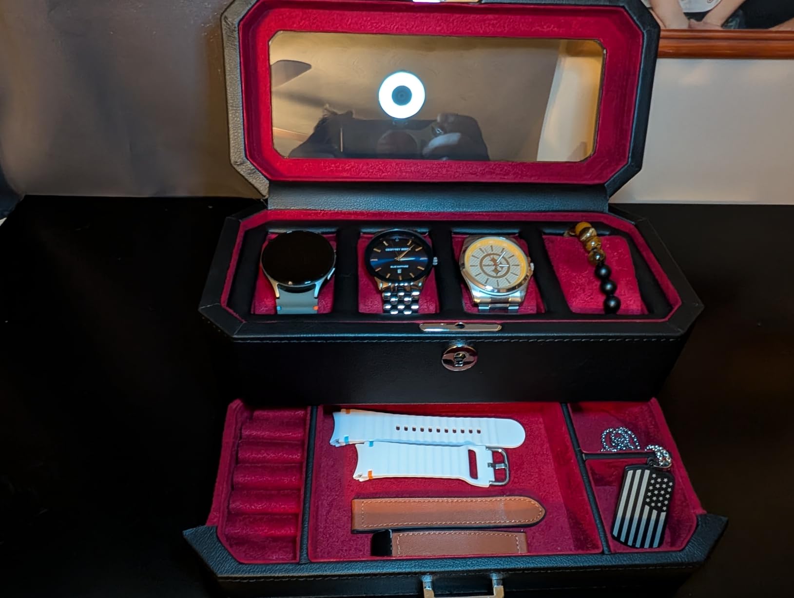 ROTHWELL 4 Slot Leather Watch Box with Valet Drawer - Luxury Case Display Jewelry Organizer, Locking Display Case Holder with Real Glass Top - Watch Box Organizer for Men & Women (Tan) customer photo 2