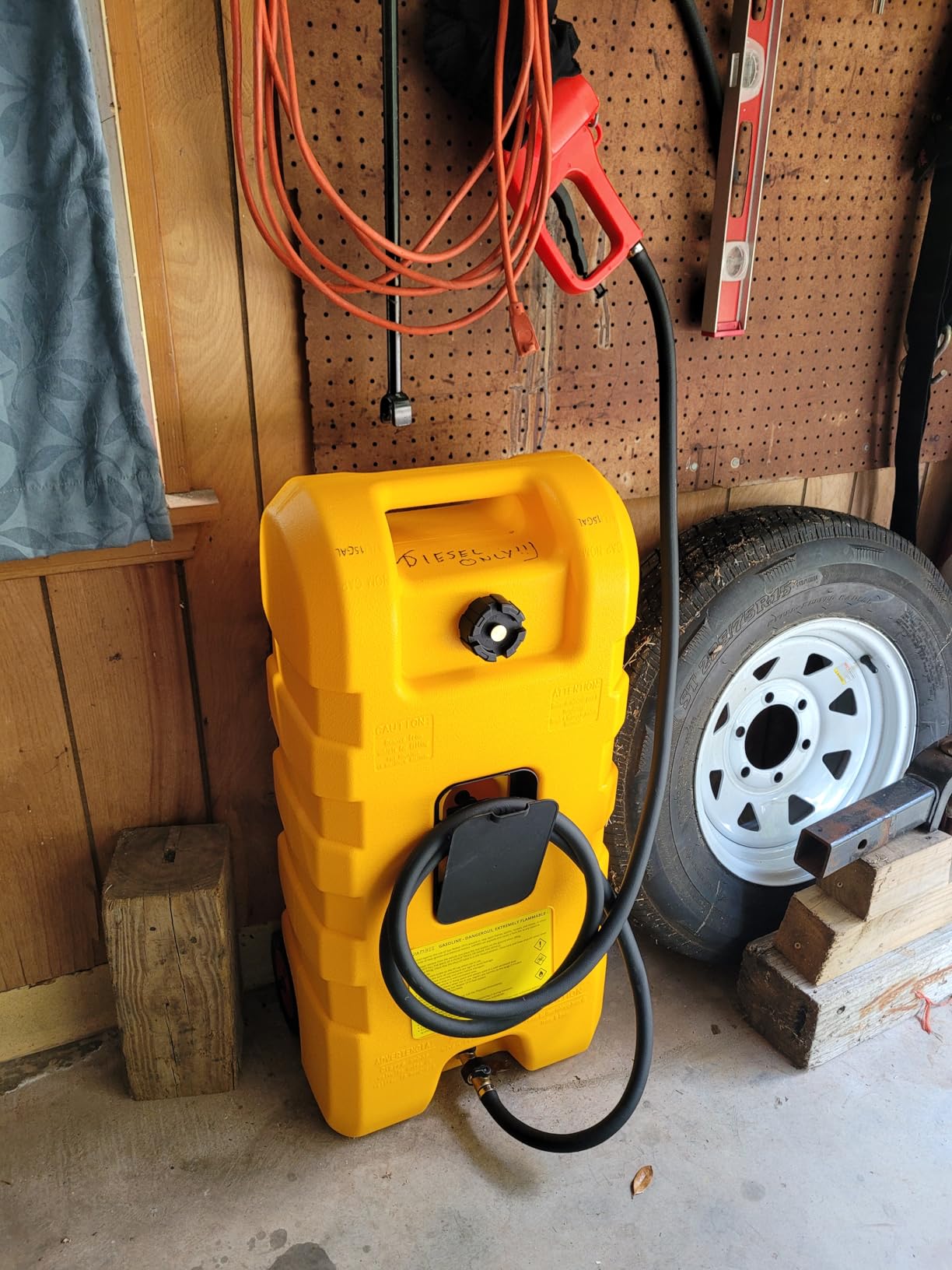 15 Gallon Gas Can, Fuel Tank Container with LE Fluid Transfer Manual Siphon Pump & 10FT Hose, Portable Diesel Gas Storage Caddy with Wheels for Car, ATV, Weeder, Boat, etc., Red customer photo 1