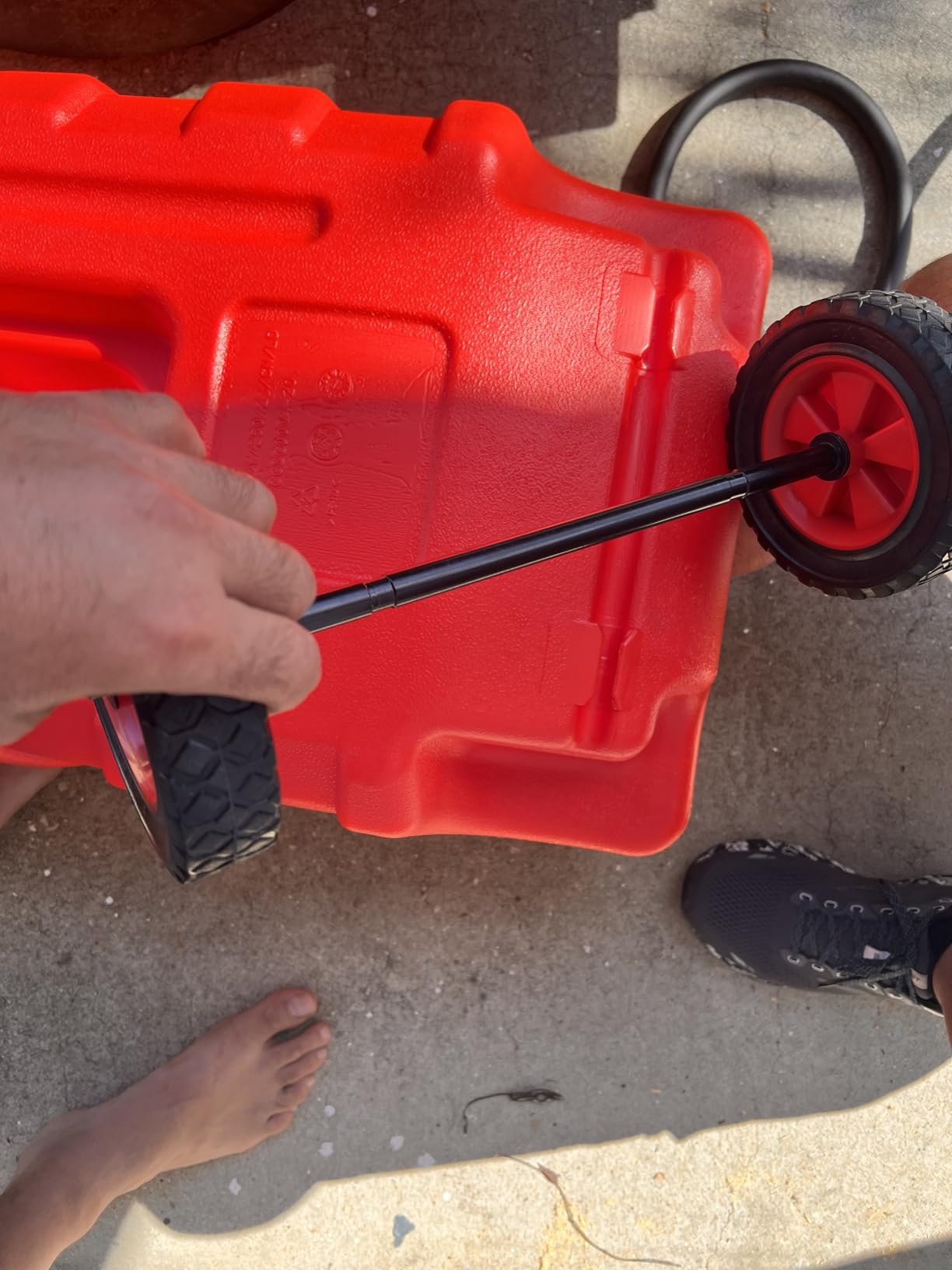 15 Gallon Gas Can, Fuel Tank Container with LE Fluid Transfer Manual Siphon Pump & 10FT Hose, Portable Diesel Gas Storage Caddy with Wheels for Car, ATV, Weeder, Boat, etc., Red customer photo 2