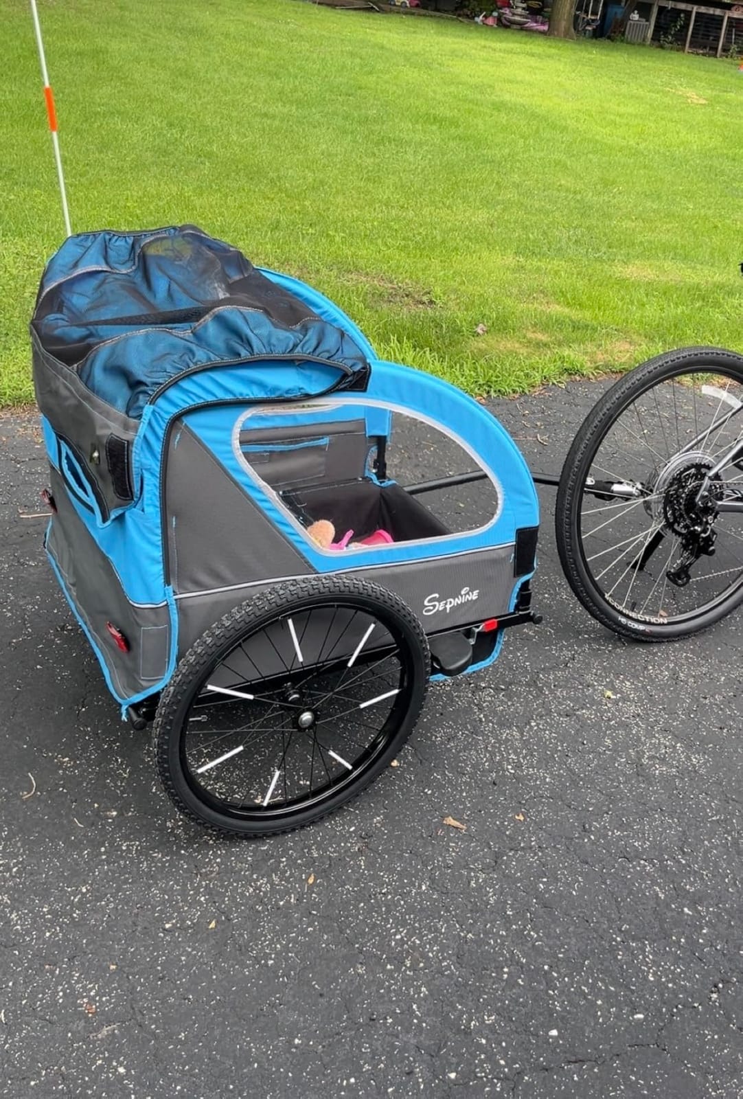 Sepnine Kids Bike Trailer, 2 in1 Canopy Carrier Converts to Pushcart Suitable for 1 to 2 Toddlers, Kids, Quick Attach to Bike, Foldable, with 5-Point Harness and Storage Bags customer photo 1