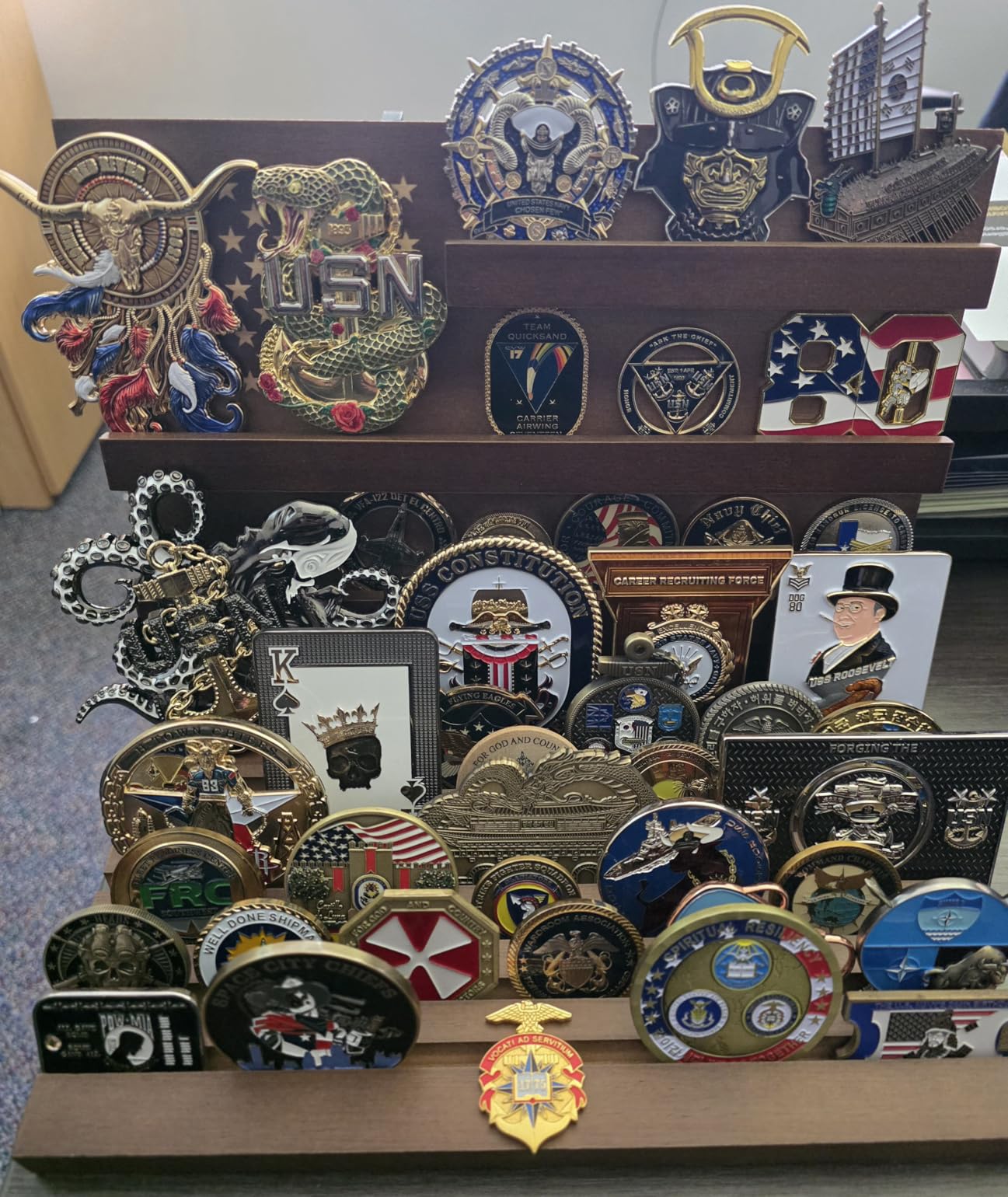Challenge Coin Display, Walnut Military Coin Holder Tabletop Case | Large Slotted Stand Hold 80 Multi Coins 3+8 Racks Solid Wood Gift for Navy Army Police Veterans Collection Desktop Decorative customer photo 1