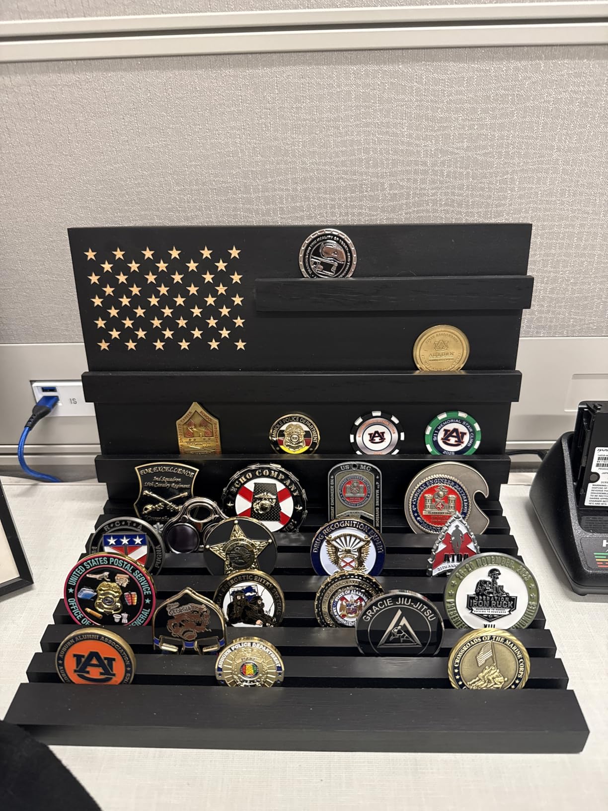 Challenge Coin Display, Walnut Military Coin Holder Tabletop Case | Large Slotted Stand Hold 80 Multi Coins 3+8 Racks Solid Wood Gift for Navy Army Police Veterans Collection Desktop Decorative customer photo 2