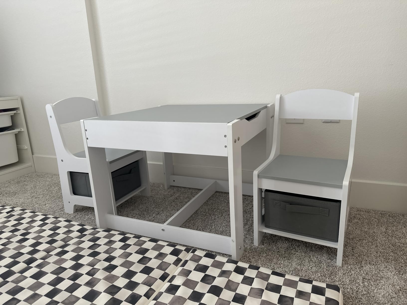 Pterying Wood Toddler Table and Chair Set, Kids Activity Desk, White Gray | 3-in-1 Desk with Reversible Paintable Tabletop, 2 Under-Seat Storage Drawers, for Crafts, Arts, Drawing, Learning customer photo 2