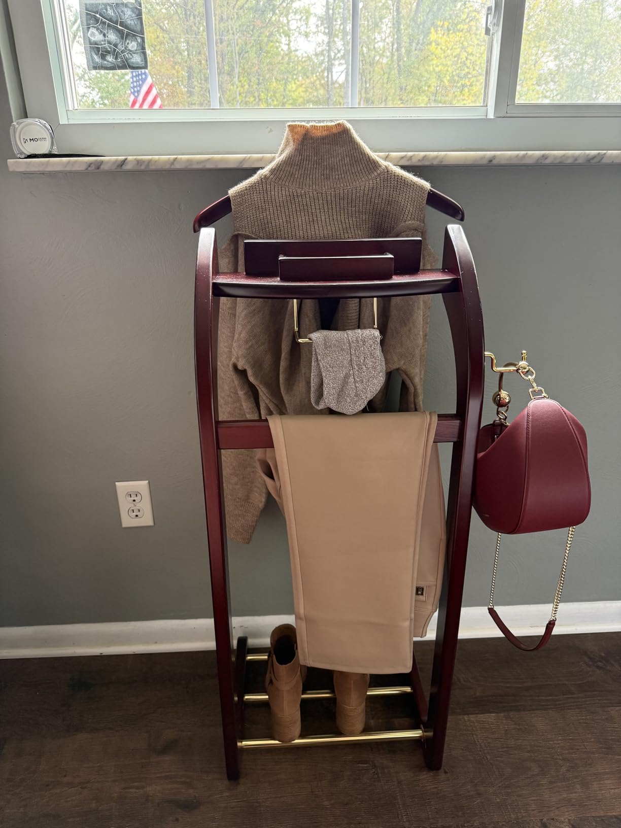 Suit Valet Stand for Men, Wood Mens Valet Stand (Reddish Brown) | Clothes Valet Stand with Base, Contour Hanger, Tray, Trouser Bar and Tie Bar, for Bedroom Entryway Home Living Room Office customer photo 2