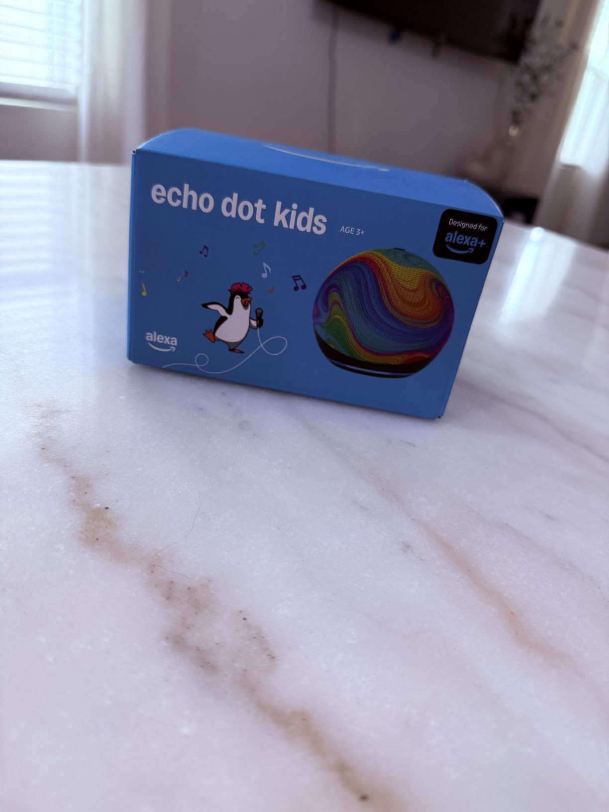 Amazon Echo Dot Kids (newest model), Smart speaker to enjoy age-appropriate audiobooks, interactive games and Alexa+ experiences to create and learn, Rainbow Swirl design customer photo 2