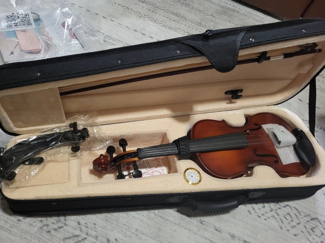 Kmise Violin 4/4 Full Set, High Density Ebony Violins, Glossy Acoustic Fiddle for Adults, Beginners, Students with Violin Case, Rosin, Strings, Bow, Shoulder Rest, Beginner's Guide (Ebony, 4/4) customer photo 2