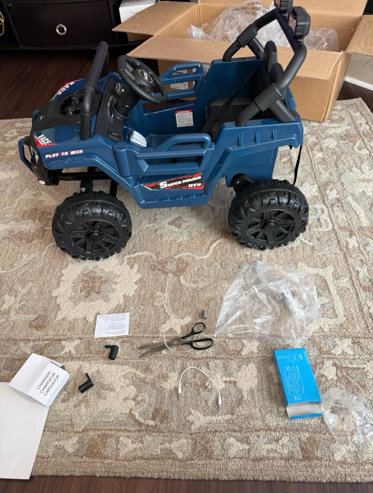 MINIATURE MOTORS 12V Kids Ride on Truck Car Remote Control, Electric Off-Road UTV for Toddlers Bluetooth USB Music, Suspension System Safety Belt, Kids Electric Vehicles Gift for Boys & Girls-Blue customer photo 1