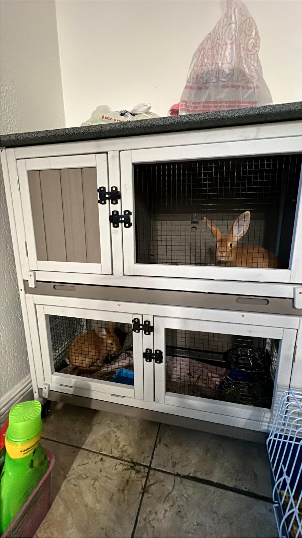 2 Story Rabbit Hutch Outdoor Indoor, Wooden Bunny Cage with 6 Lockable Wheels, 3 Removable No Leakage Pull Out Trays, Chew-Proof Ramp & Waterproof Roof, Ideal for Rabbit & Guinea Pig customer photo 2