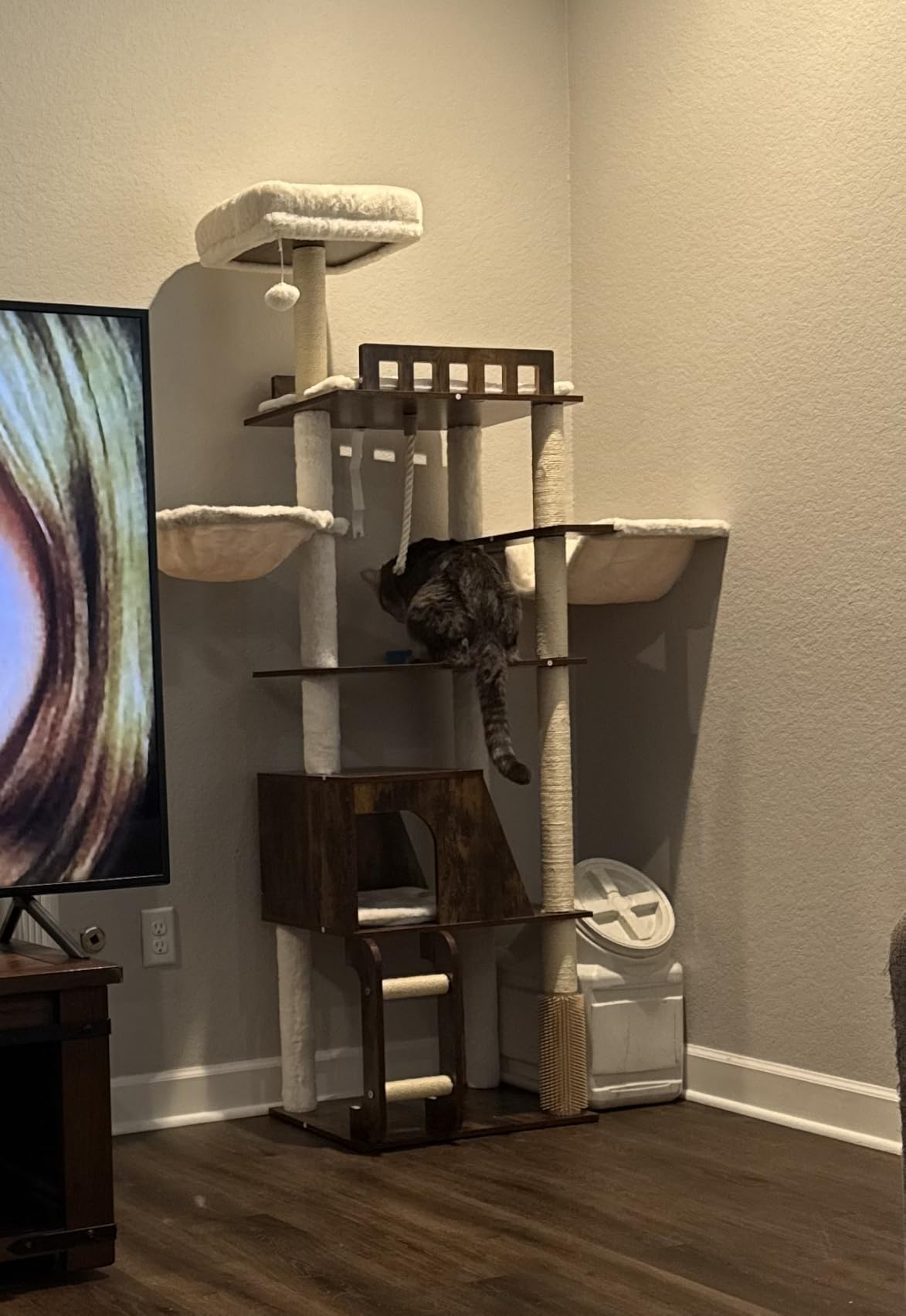 Hey-brother Wooden Cat Tree, Furniture Tower with Large Platforms, 69.7 inch, Modern Full Sisal Scratching Posts, Hammocks, Spacious Condo, Ladder, Brush, Water Proof Surface, Rustic Brown customer photo 1