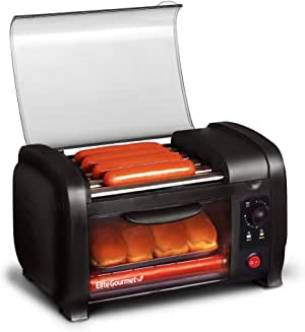 Elite Gourmet 8-Hot Dog Roller/Toaster Oven, 5 Rollers, Auto Shut-Off, Red | 30-Min Timer, Stainless Steel Rollers, 2 Warming Racks, Bun Warmer & Drip Pan - cooks brats, sausages & taquitos customer photo 1